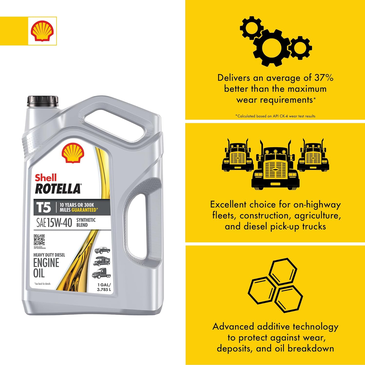 Aceite sintético para motor diésel Shell Rotella de 2.5 galones 15w-40 - Controla el desgaste del motor, cumple con especificaciones CK-4, CJ-4, CI-4 Plus, CH-4 550046213