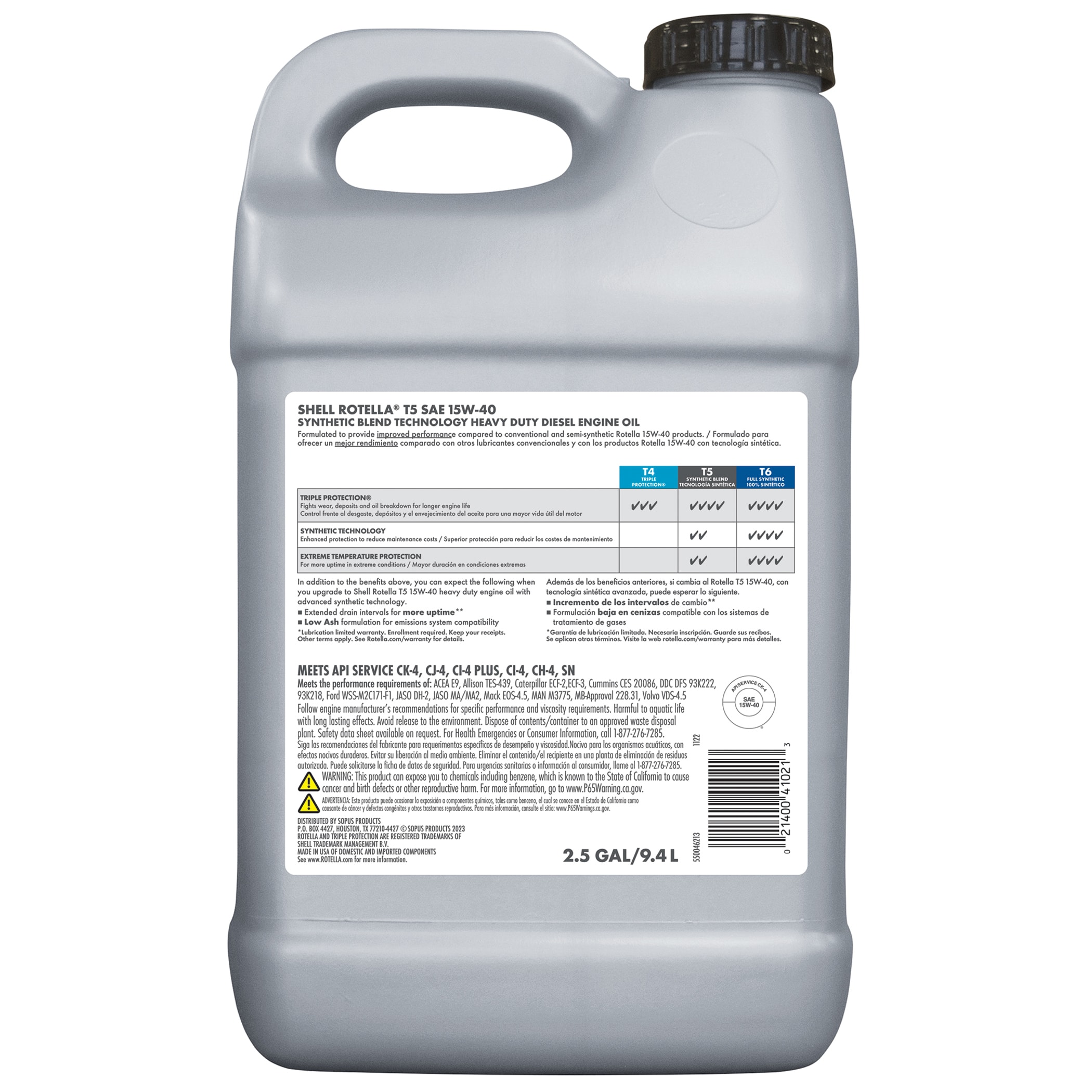 Aceite sintético para motor diésel Shell Rotella de 2.5 galones 15w-40 - Controla el desgaste del motor, cumple con especificaciones CK-4, CJ-4, CI-4 Plus, CH-4 550046213