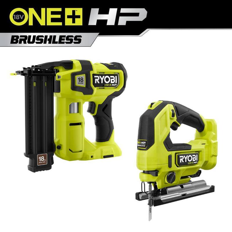 Clavadora neumática sin escobillas de 18 galgas RYOBI ONE+ HP 18V con sierra caladora inalámbrica sin escobillas ONE+ HP 18V (sólo herramientas) - P322-PBLJS01B