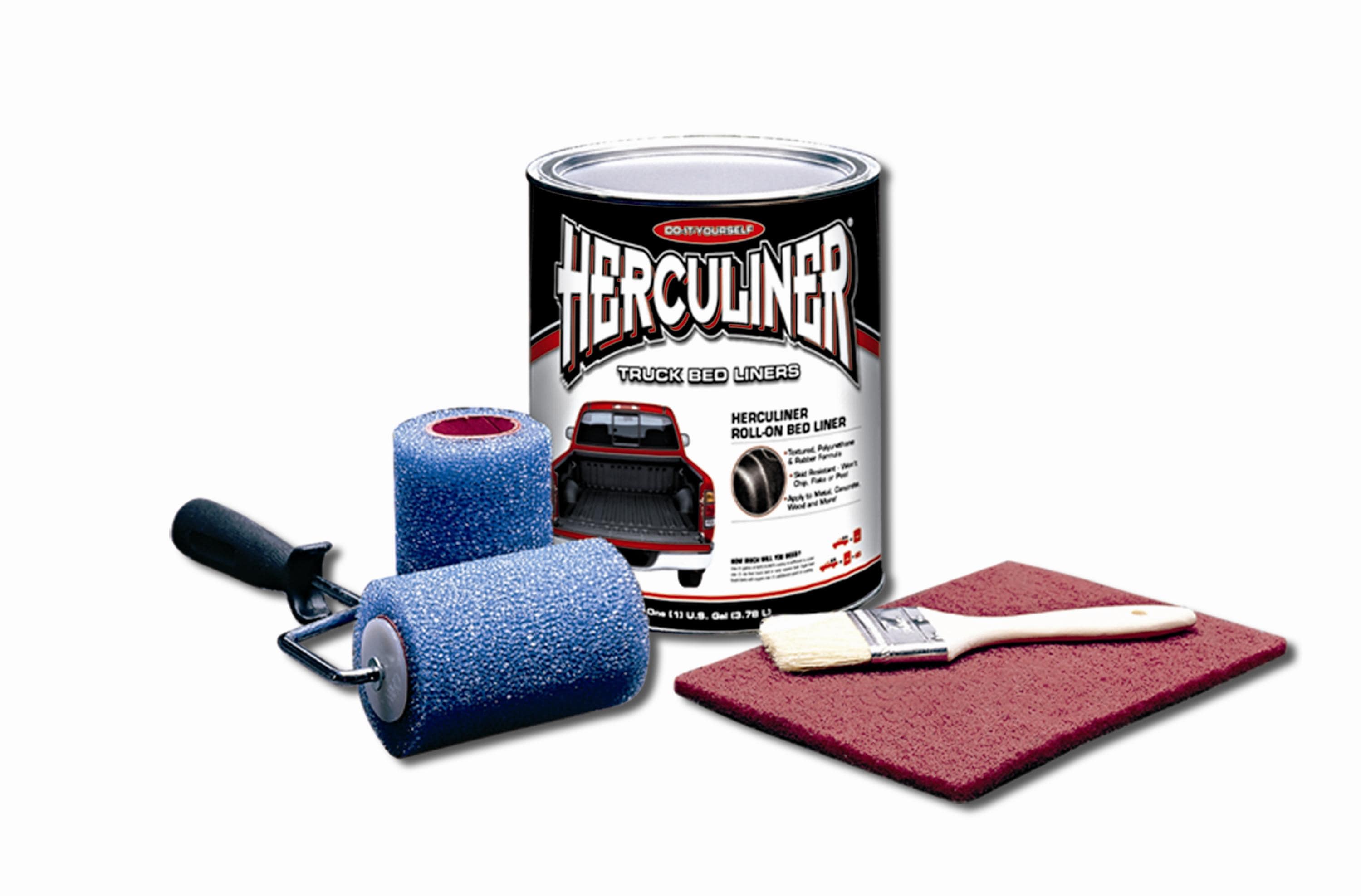 Kit de revestimiento para cama de camioneta de 1 galón HERCULINER en negro, incluye rodillo, resistente al deslizamiento, prevención de óxido, resistente y acabado texturizado.