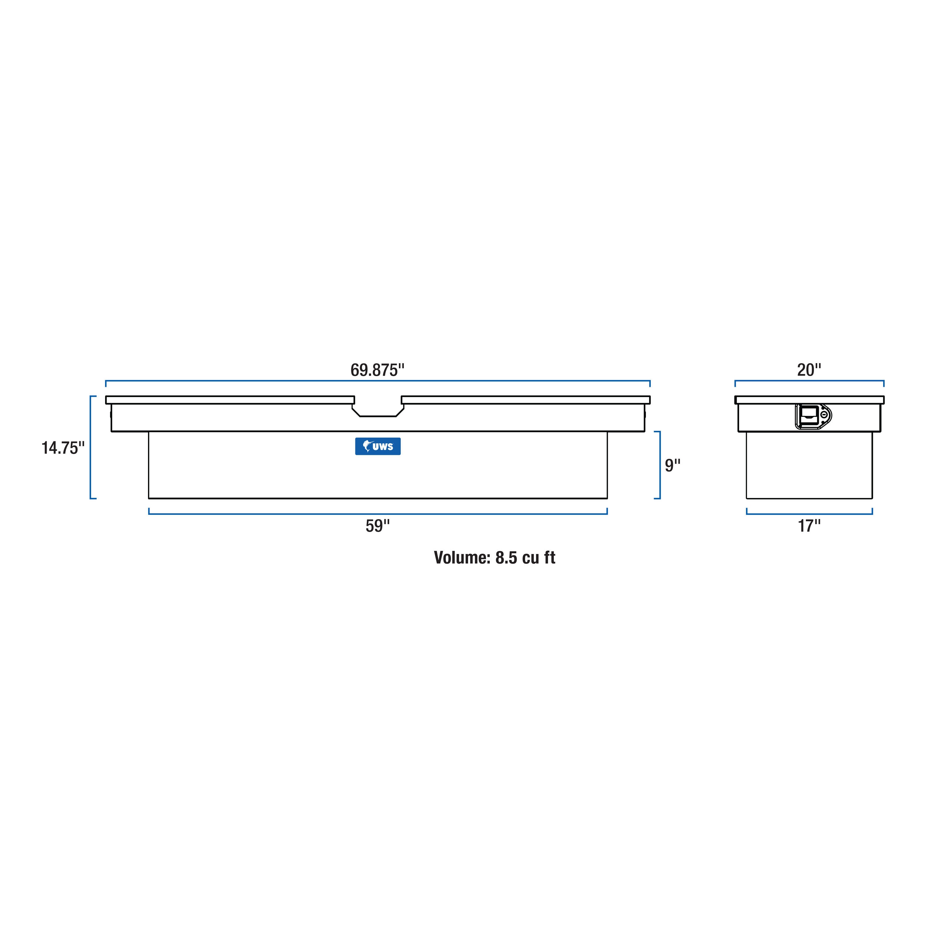Caja de herramientas de aluminio brillante para camioneta cruzada de aluminio de 69.875 pulgadas x 20 pulgadas x 14.75 pulgadas
