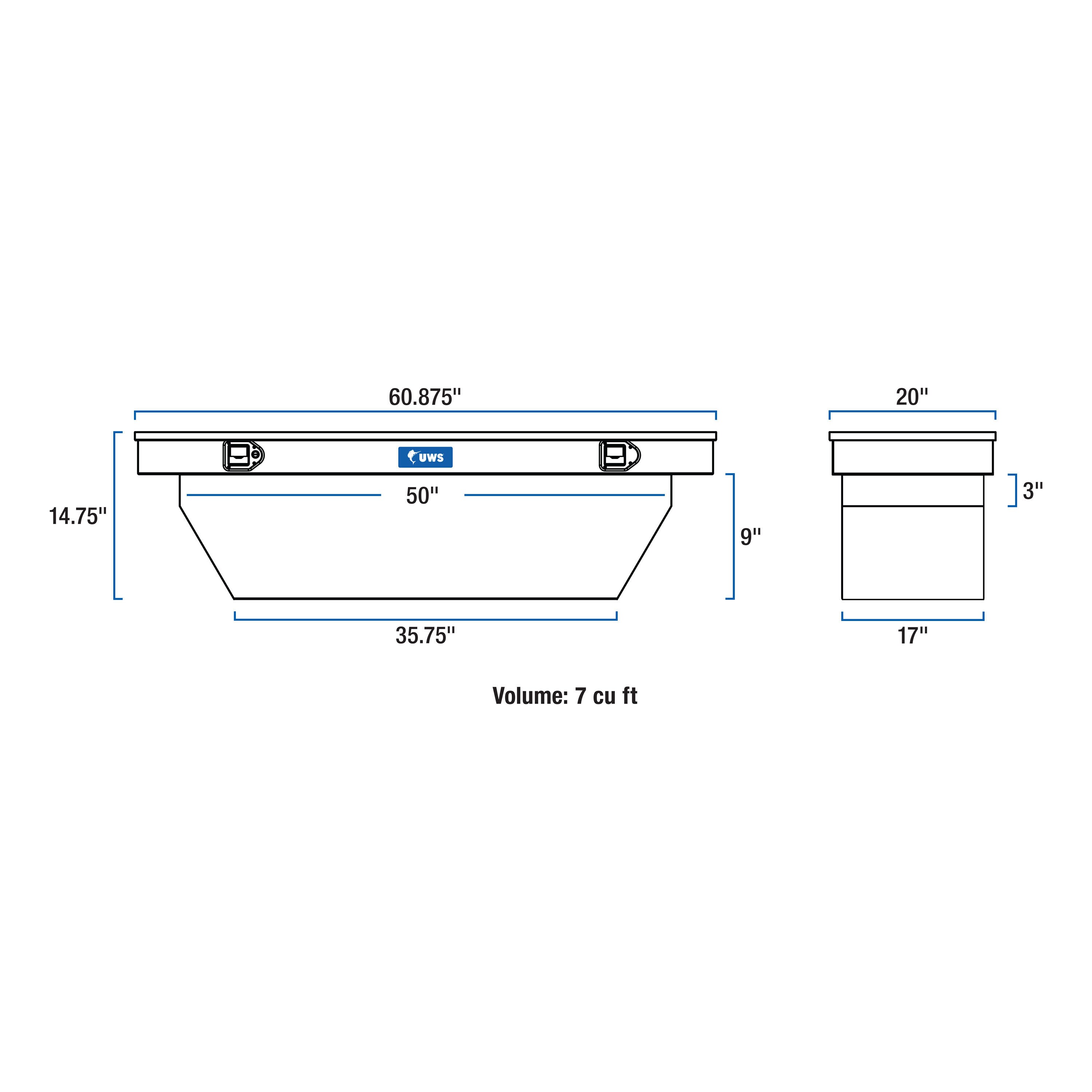 Caja de herramientas para camioneta tipo crossover de aluminio brillante UWS 60.875 pulgadas x 20 pulgadas x 14.75 pulgadas.