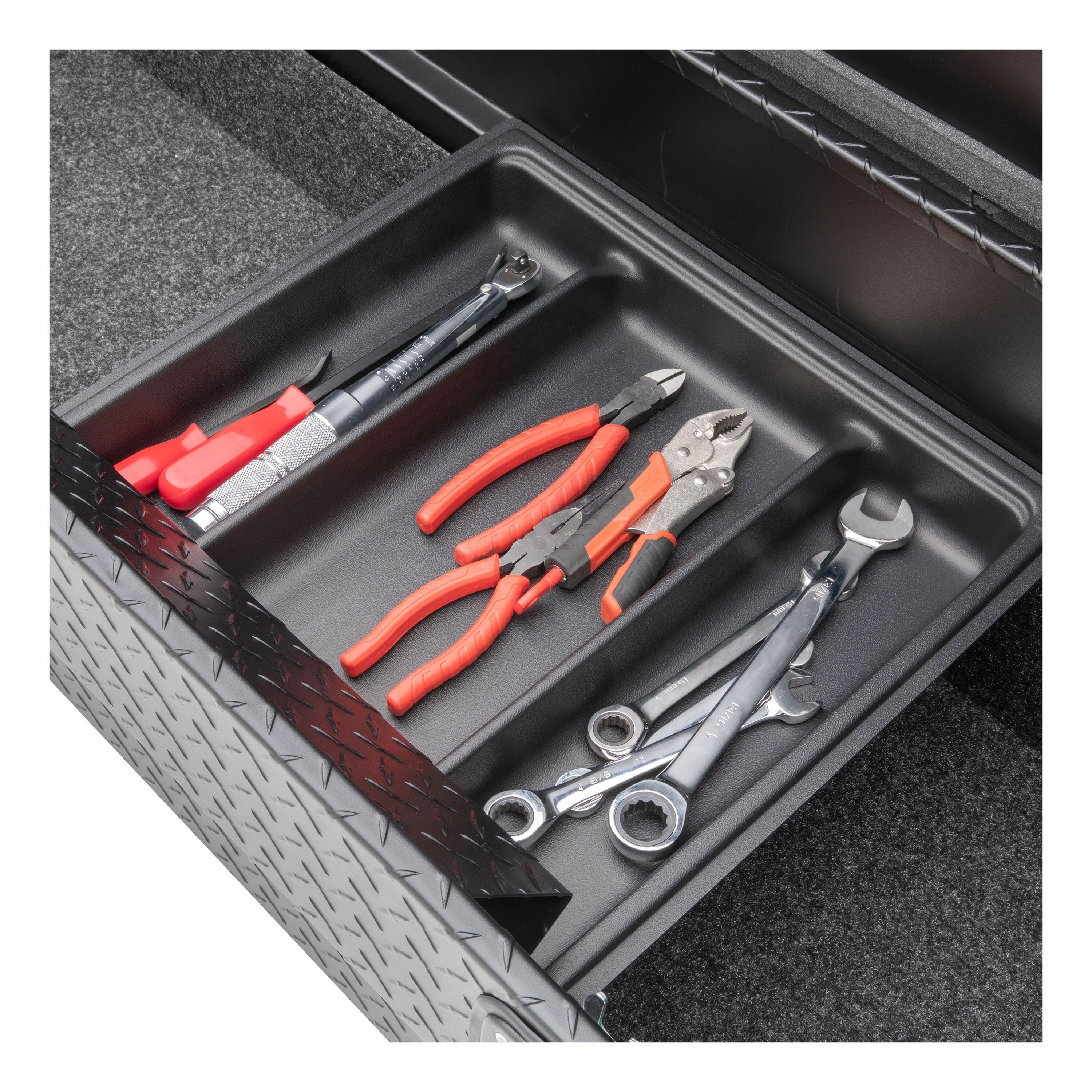 Caja de herramientas de aluminio para camioneta en cruz, acabado mate negro, 69.88 pulgadas x 20 pulgadas x 14.75 pulgadas
