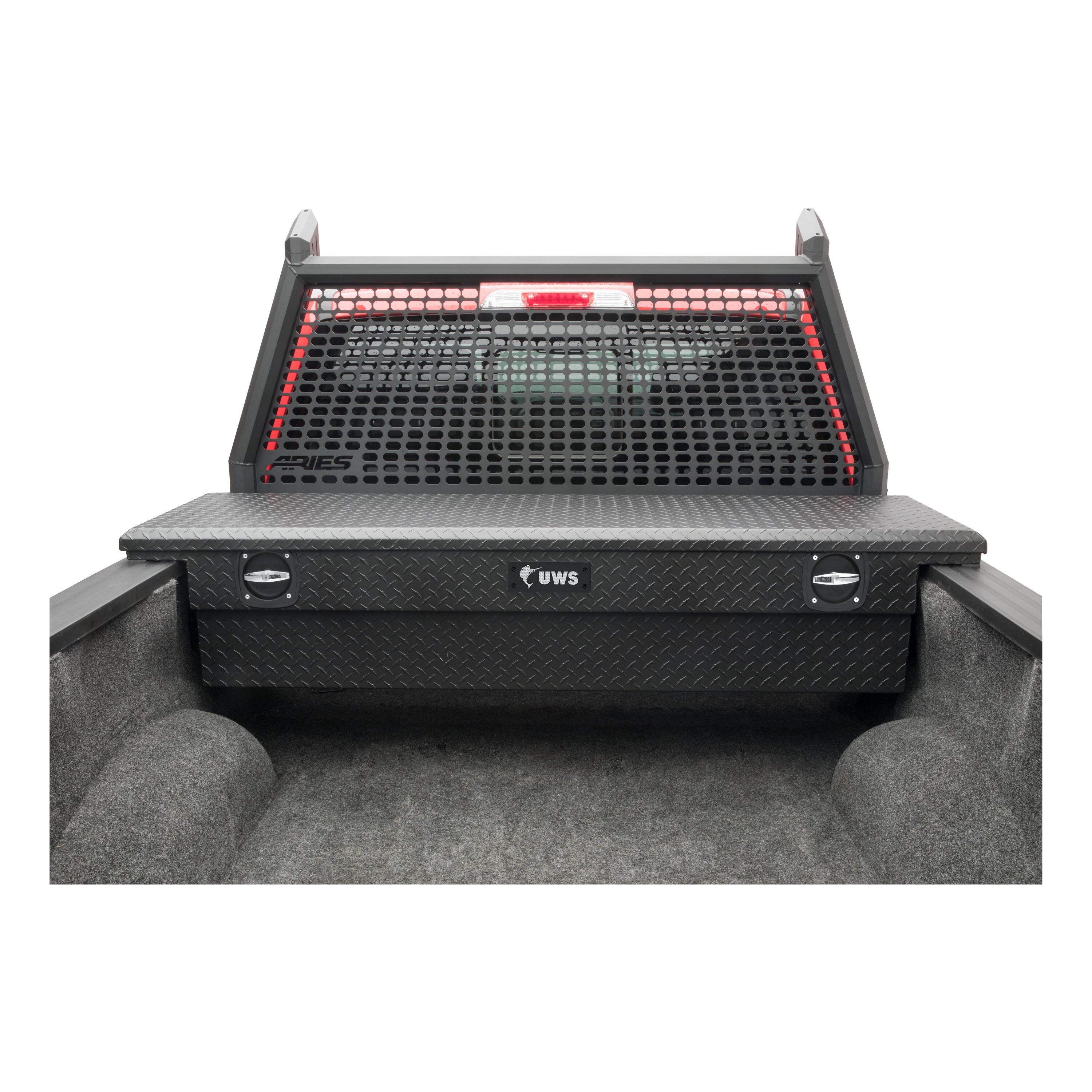 Caja de herramientas de aluminio para camioneta en cruz, acabado mate negro, 69.88 pulgadas x 20 pulgadas x 14.75 pulgadas