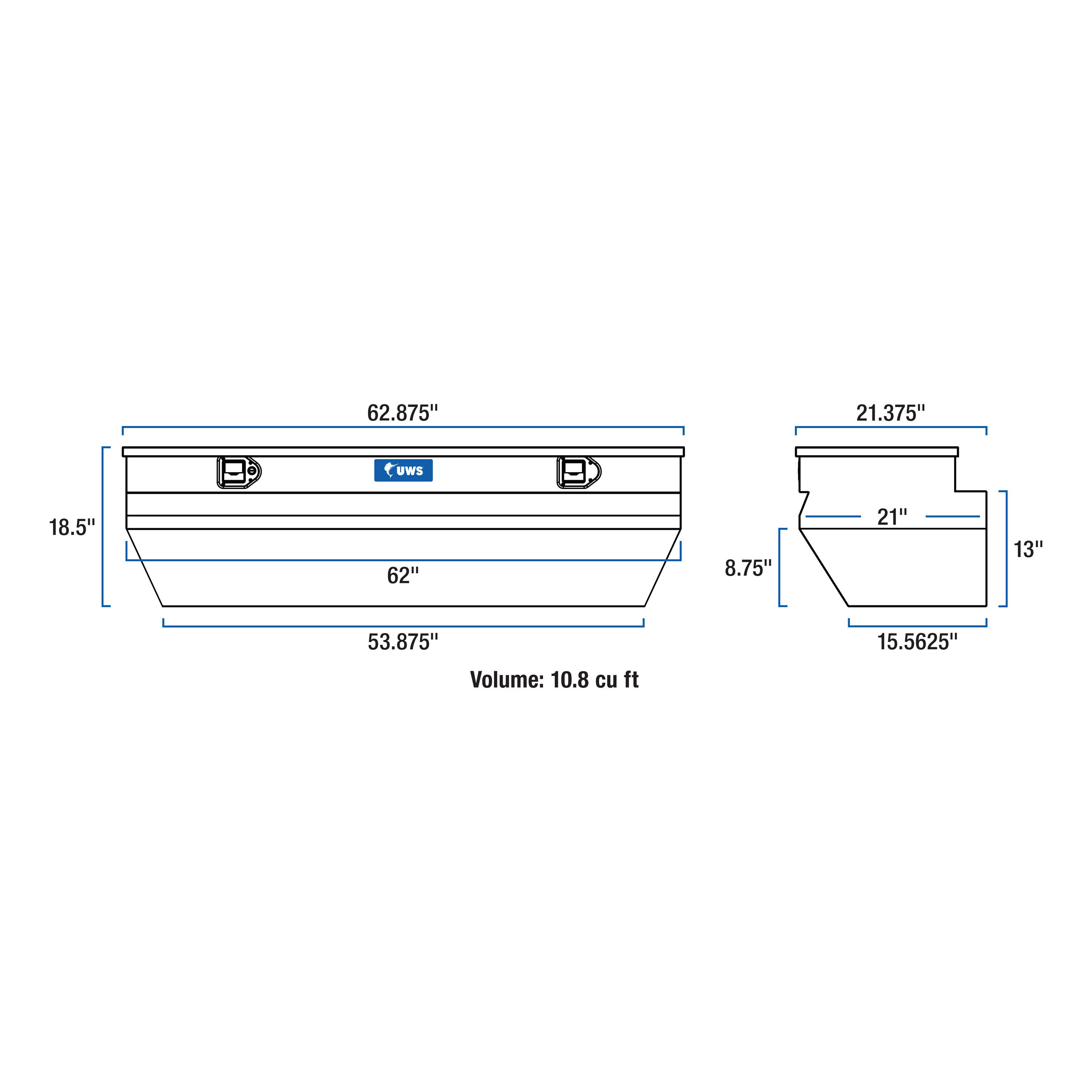 Cofre de herramientas para camioneta de aluminio brillante de 62.875 pulg. x 21.375 pulg. x 18.500 pulg. UWS EC20371
