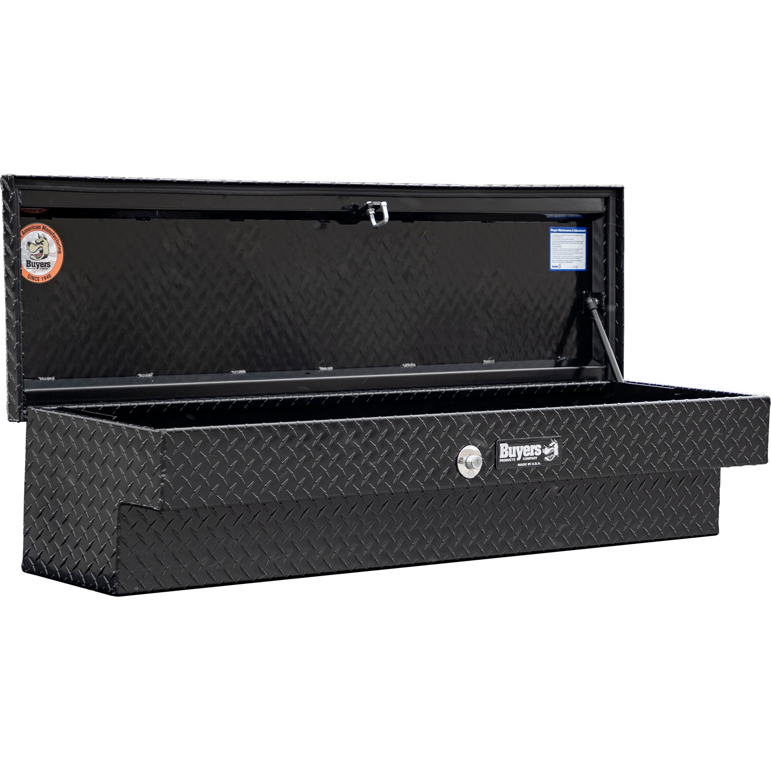 Cajón de herramientas para camión montado en el lateral de aluminio negro brillante con textura de diamante de 70 pulgadas x 16 pulgadas x 13 pulgadas de Buyers Products