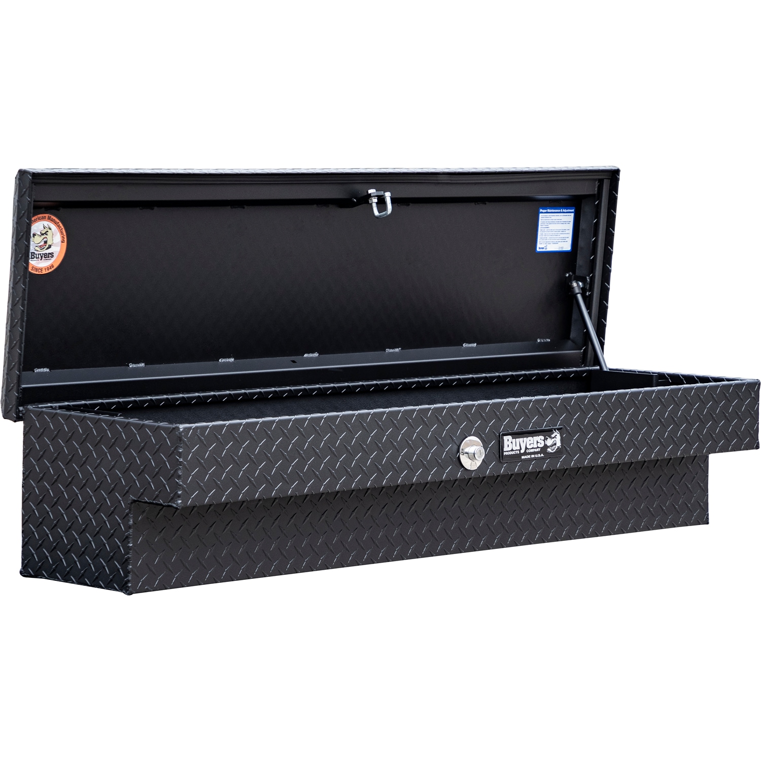 Caja de herramientas para camioneta lateral de aluminio con acabado negro mate y diseño de rombos de 70 pulgadas x 16 pulgadas x 13 pulgadas de Buyers Products
