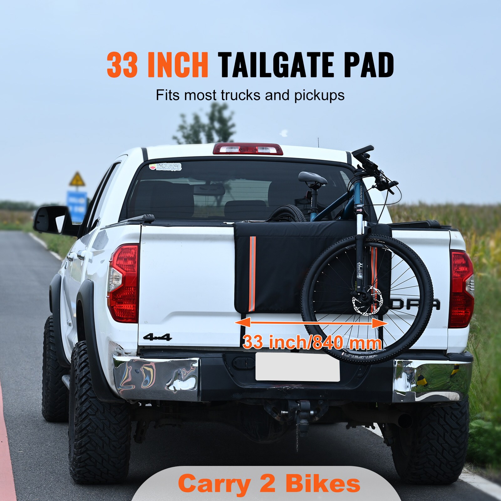Protector de Cola para Bicicletas VEVOR, Pad para Portón Trasero de Camioneta de 33 pulgadas para Transportar 2 Bicicletas de Montaña, Pad de Protección con Franjas Reflectantes y Bolsillo para Herramientas, Pad Universal para Camionetas Pequeñas tipo Pick-up.