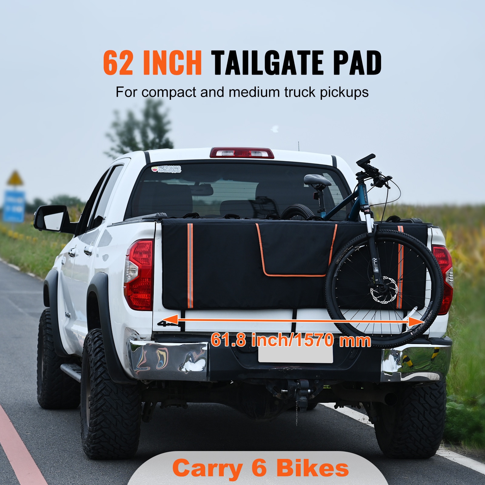 Protector para bicicletas en la puerta trasera de camioneta VEVOR, 62 pulgadas, para transportar 6 bicicletas de montaña, con tiras reflectantes y bolsillos para herramientas, con apertura para cámara trasera para camionetas de carga JYKWMD62INCHGWWX4V0