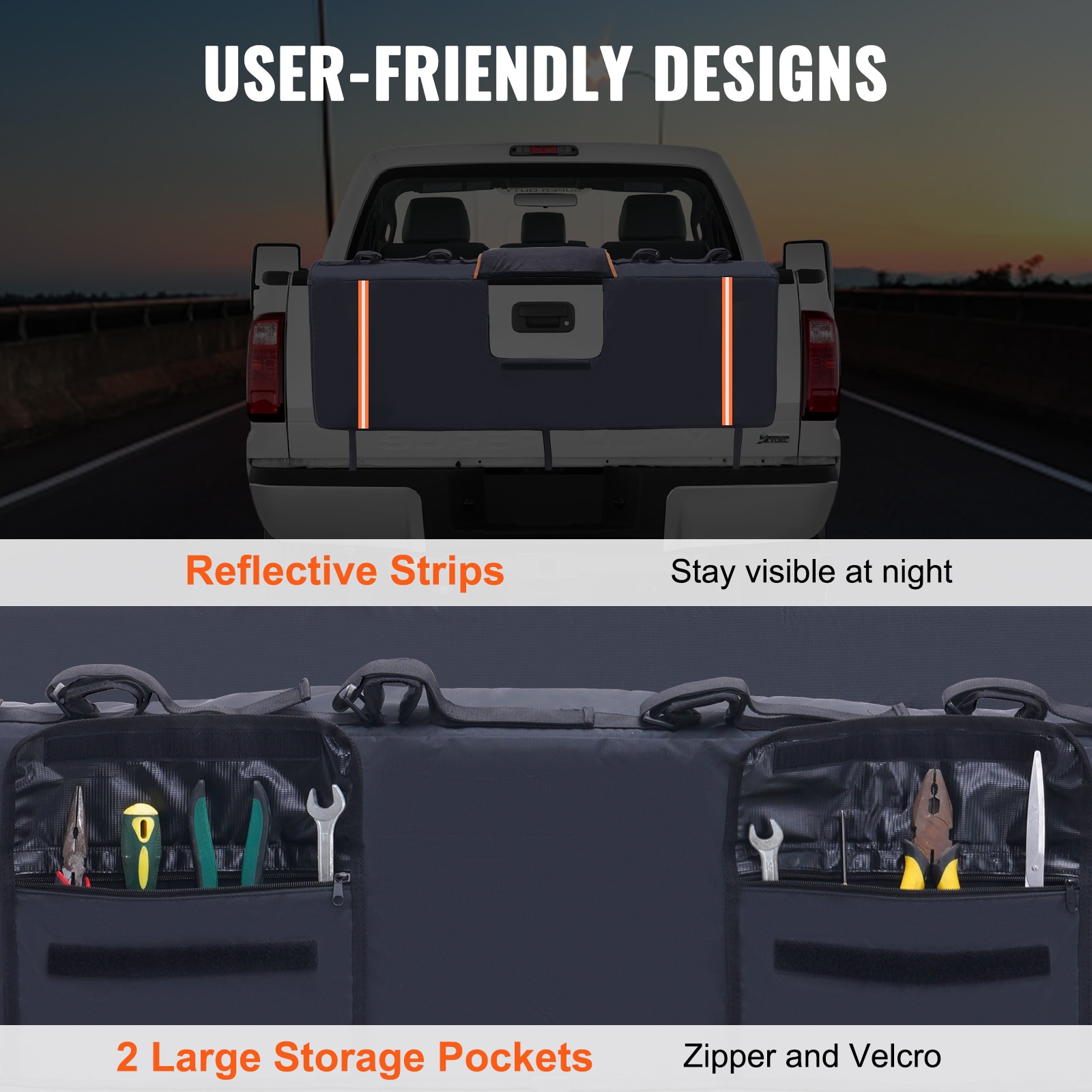 Protector para bicicletas en la puerta trasera de camioneta VEVOR, 62 pulgadas, para transportar 6 bicicletas de montaña, con tiras reflectantes y bolsillos para herramientas, con apertura para cámara trasera para camionetas de carga JYKWMD62INCHGWWX4V0