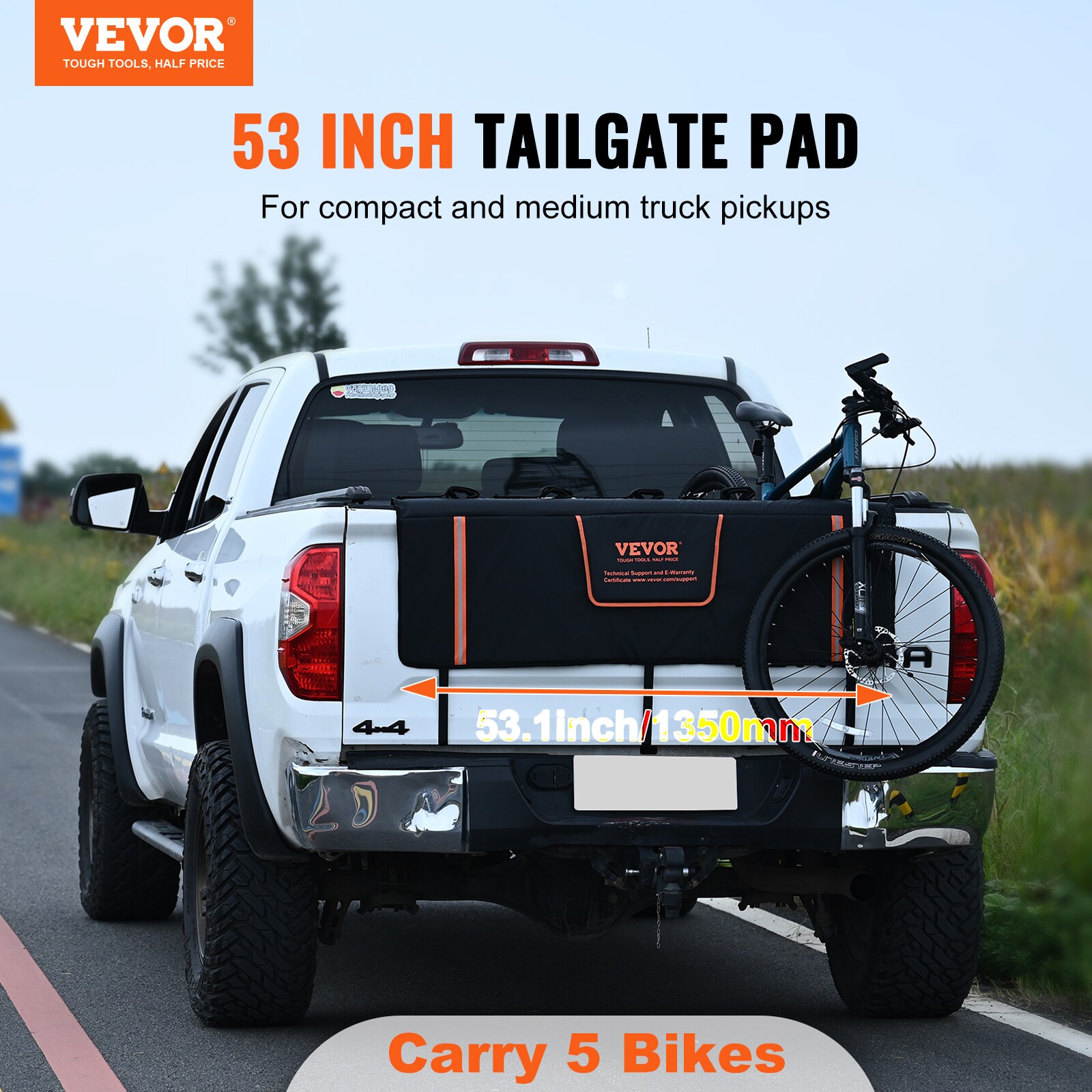 Almohadilla de Cola para Bicicletas VEVOR, Almohadilla de Cola para Camioneta de 53 pulgadas para Transportar 5 Bicicletas de Montaña, Almohadilla de Protección para Cola con Franjas Reflectantes y Bolsillos para Herramientas, Almohadilla de Cola con Apertura para Cámara para Camionetas Medianas JYKWMD54INCHUQZ4FV0