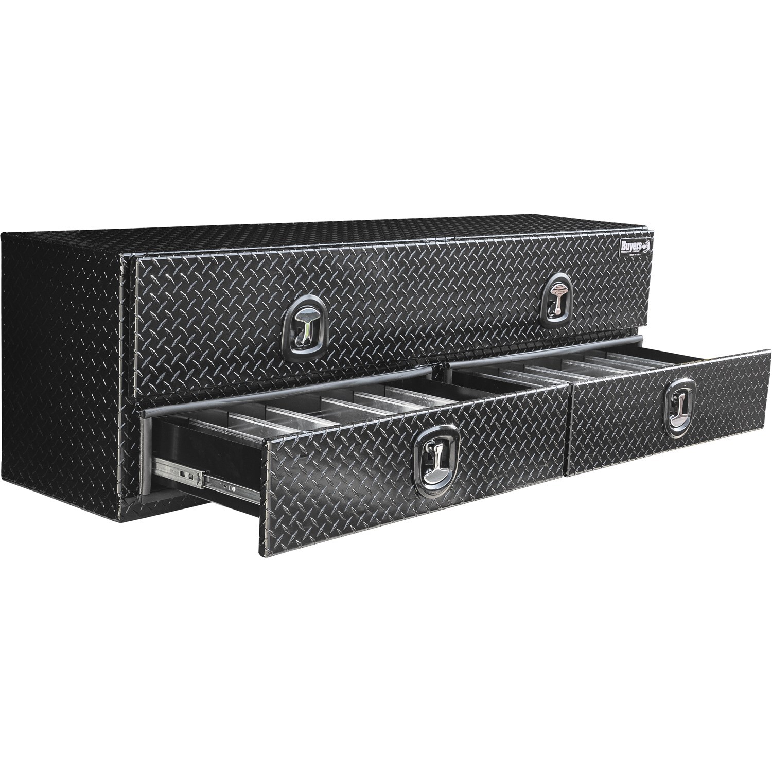 Caja de herramientas para camión montada en la parte superior de aluminio con acabado negro brillante en relieve de diamante de 18 pulgadas x 88 pulgadas x 21 pulgadas de Buyers Products