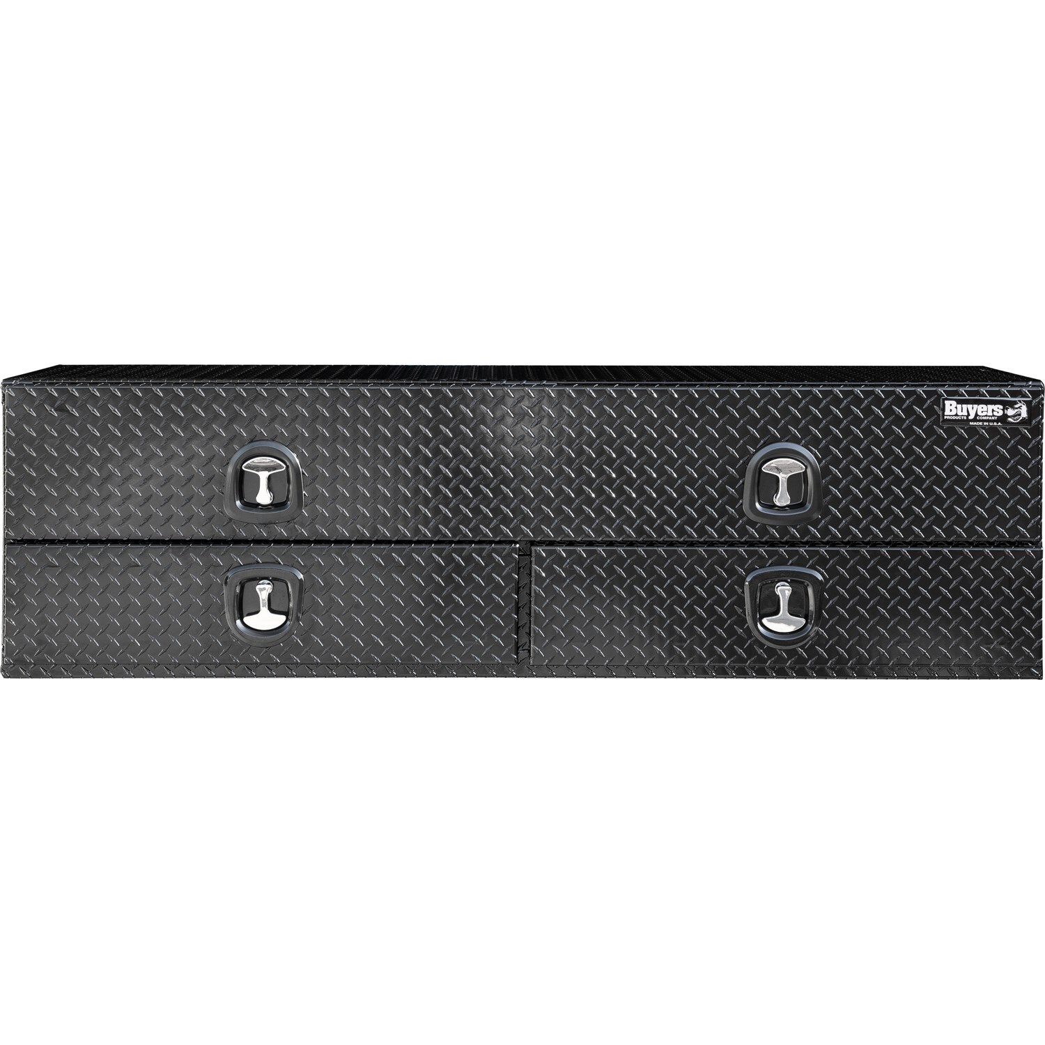 Caja de herramientas para camión montada en la parte superior de aluminio con acabado negro brillante en relieve de diamante de 18 pulgadas x 88 pulgadas x 21 pulgadas de Buyers Products