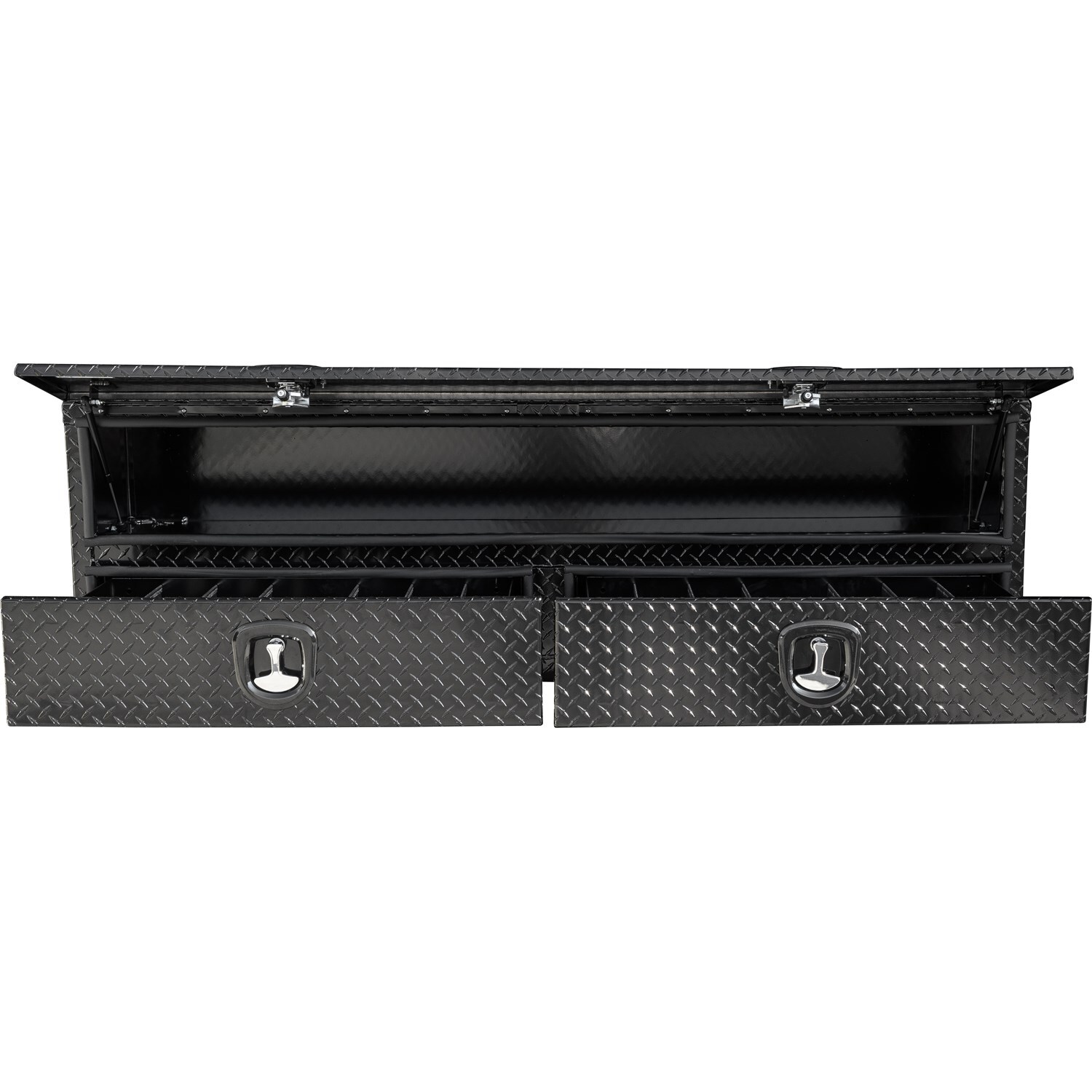 Caja de herramientas para camión montada en la parte superior de aluminio con acabado negro brillante en relieve de diamante de 18 pulgadas x 88 pulgadas x 21 pulgadas de Buyers Products