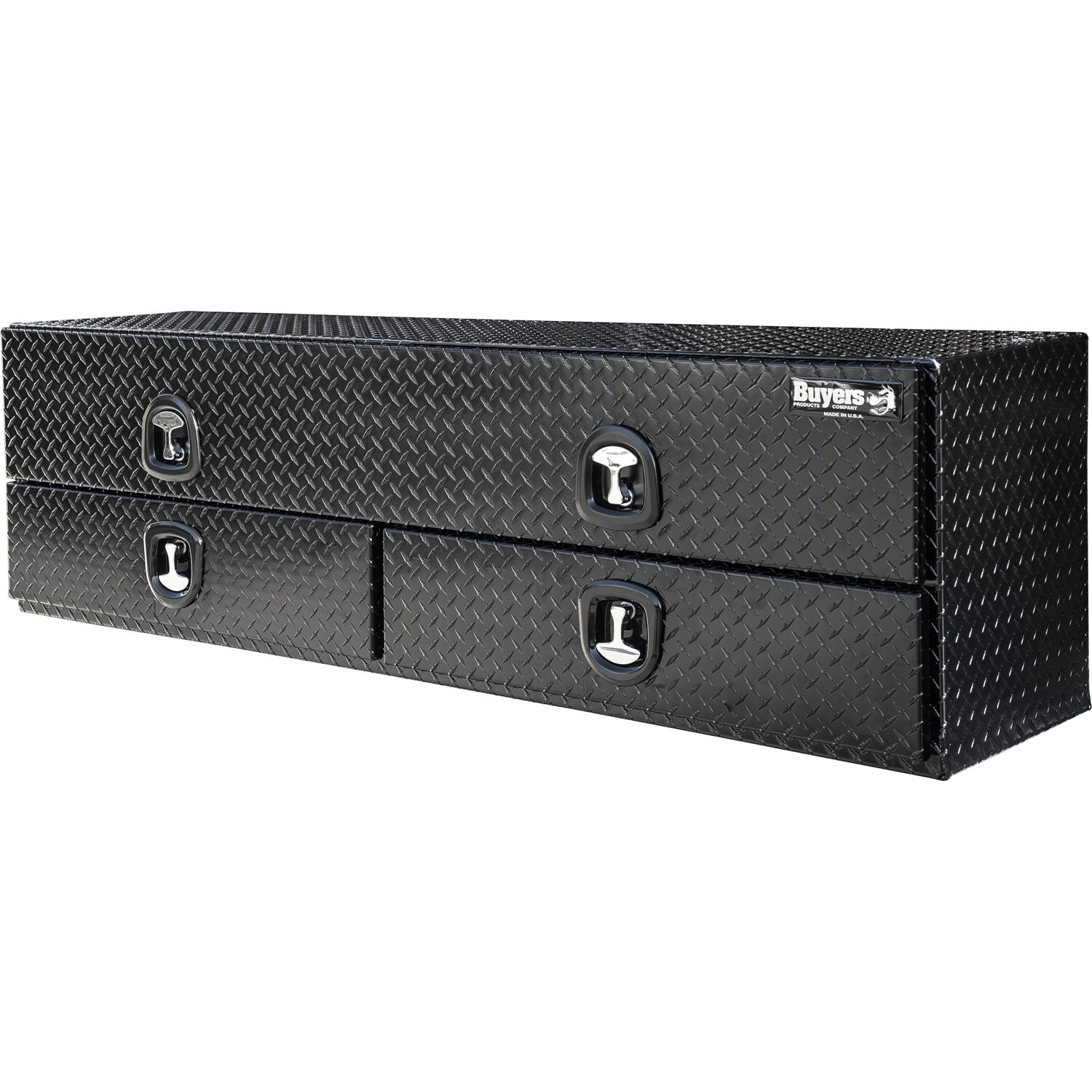Caja de herramientas para camión montada en la parte superior de aluminio con acabado negro brillante en relieve de diamante de 18 pulgadas x 88 pulgadas x 21 pulgadas de Buyers Products