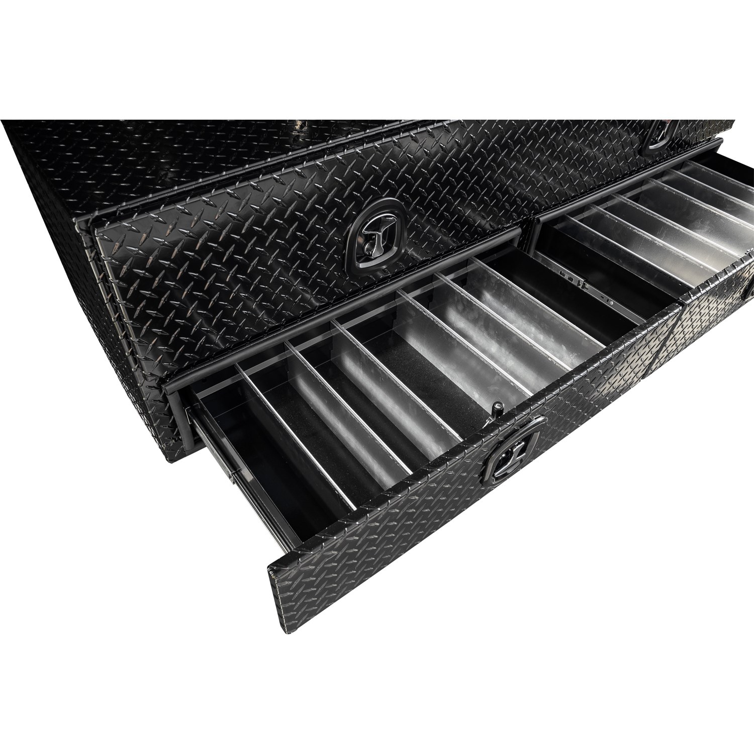 Caja de herramientas para camión montada en la parte superior de aluminio con acabado negro brillante en relieve de diamante de 18 pulgadas x 88 pulgadas x 21 pulgadas de Buyers Products