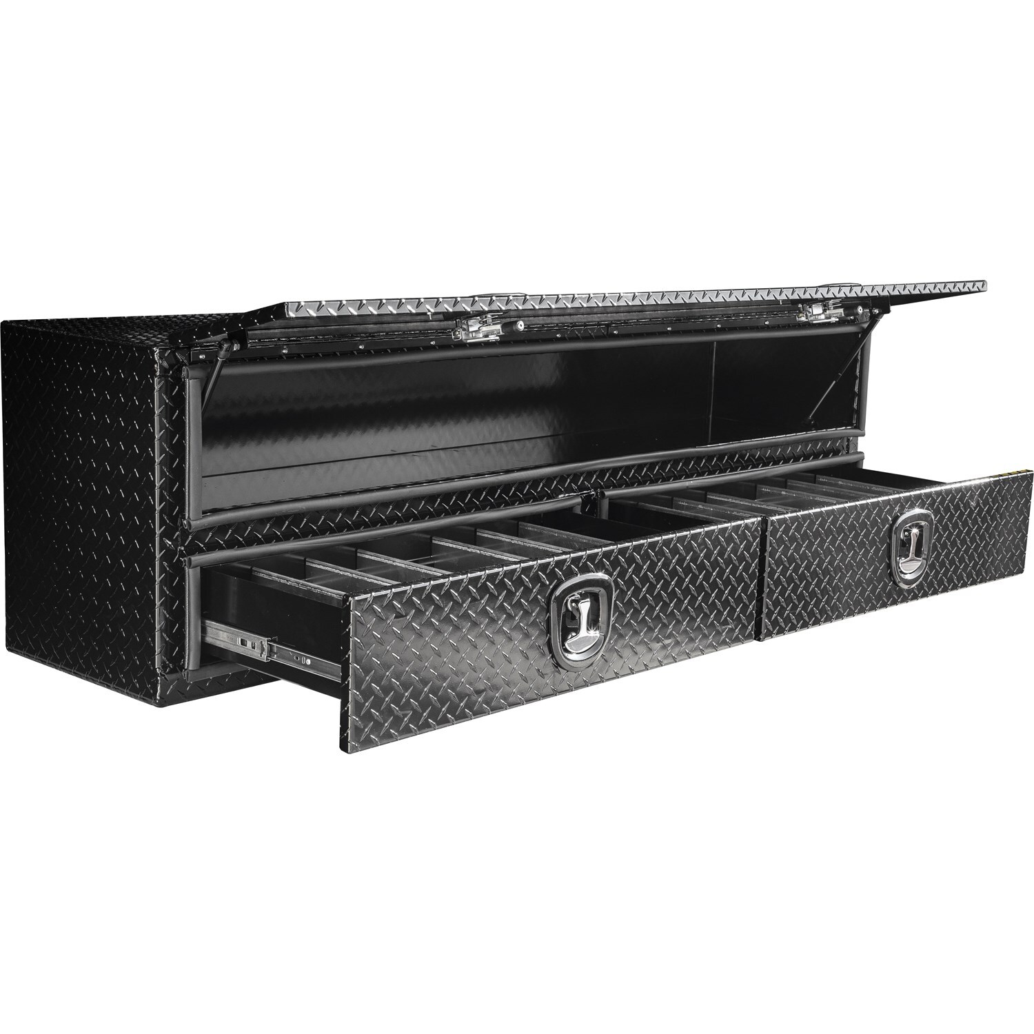 Caja de herramientas para camión montada en la parte superior de aluminio con acabado negro brillante en relieve de diamante de 18 pulgadas x 88 pulgadas x 21 pulgadas de Buyers Products