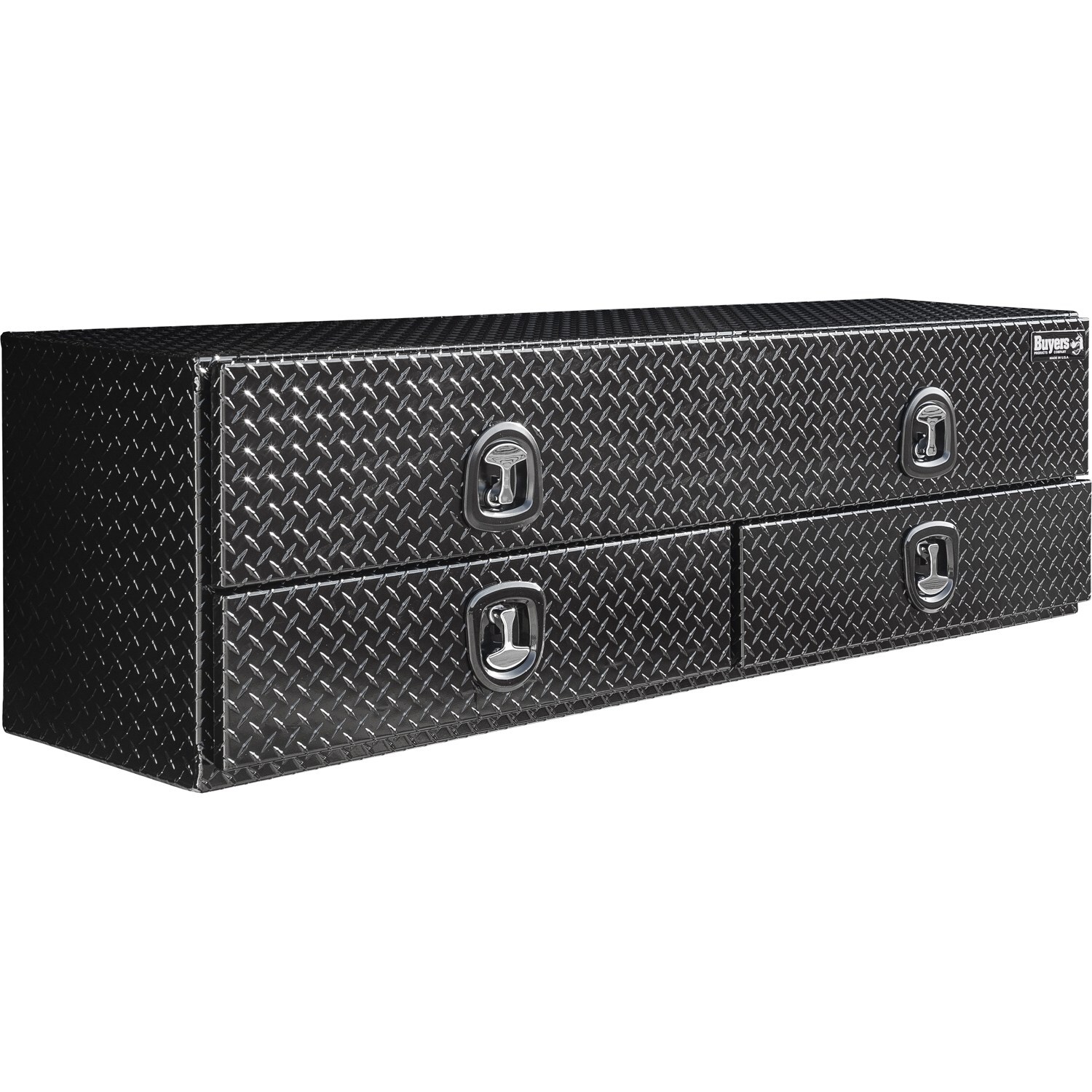 Caja de herramientas para camión montada en la parte superior de aluminio con acabado negro brillante en relieve de diamante de 18 pulgadas x 88 pulgadas x 21 pulgadas de Buyers Products