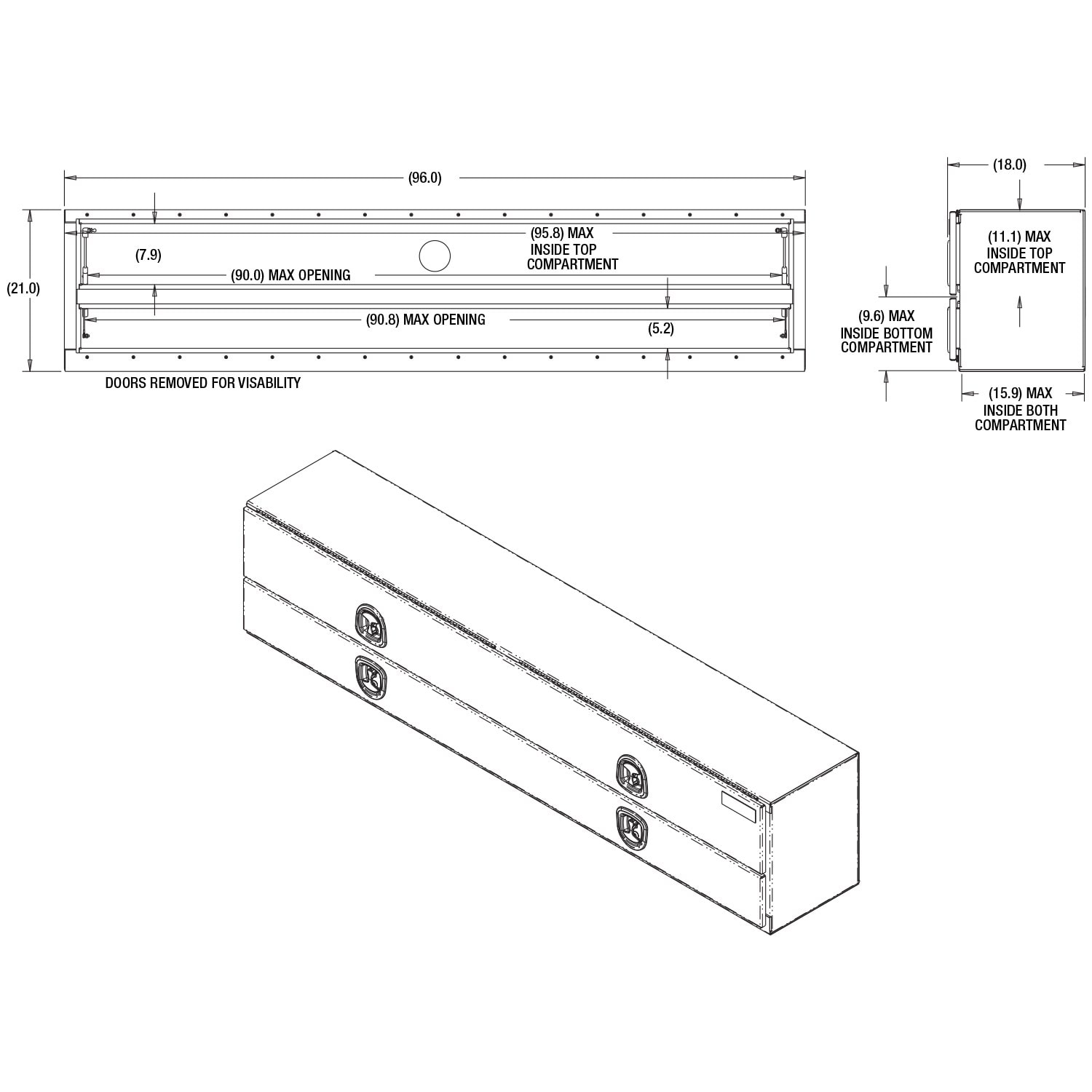 Caja de herramientas para camioneta de montaje en la parte superior en aluminio con acabado en negro mate, diseño de estriado de diamante, medidas de 18 pulgadas x 96 pulgadas x 21 pulgadas.