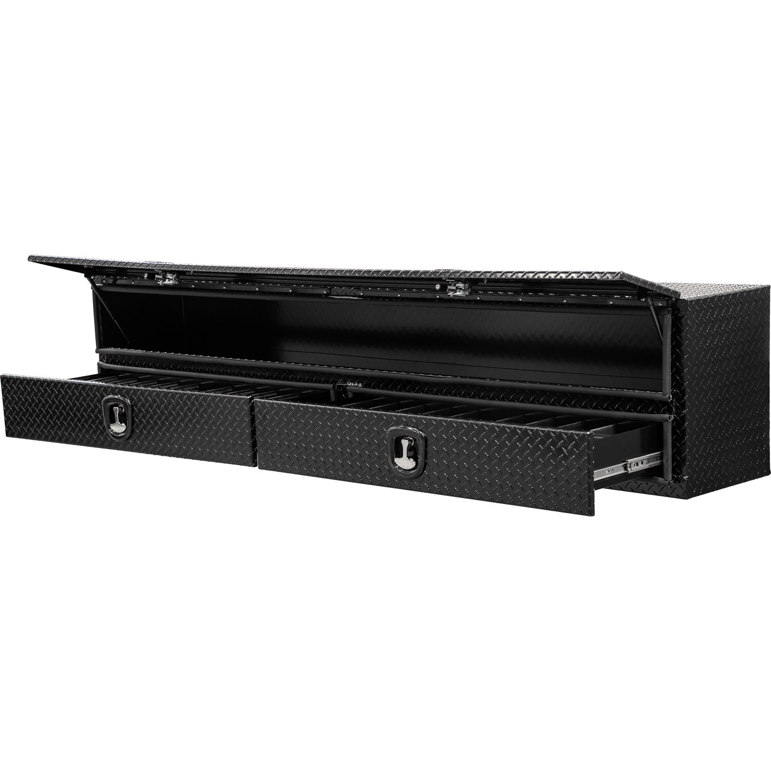 Caja de herramientas para camioneta de montaje en la parte superior en aluminio con acabado en negro mate, diseño de estriado de diamante, medidas de 18 pulgadas x 96 pulgadas x 21 pulgadas.