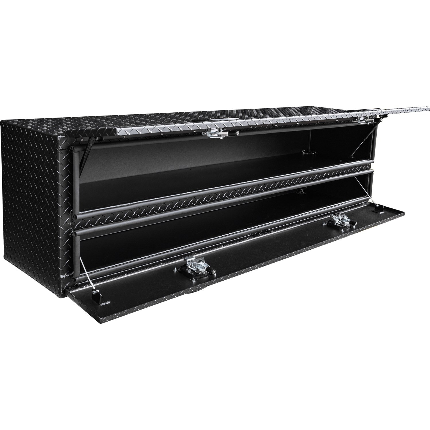 Caja de herramientas para camioneta de montaje en la parte superior en aluminio con acabado en negro mate, diseño de estriado de diamante, medidas de 18 pulgadas x 96 pulgadas x 21 pulgadas.