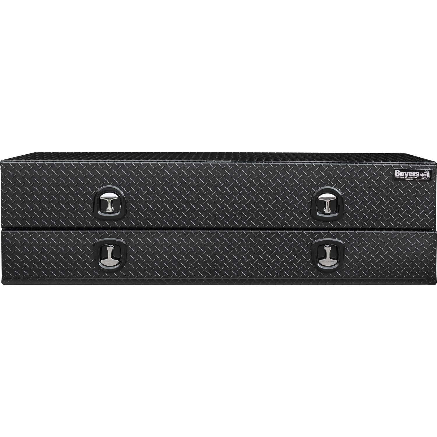 Caja de herramientas para camioneta de montaje en la parte superior en aluminio con acabado en negro mate, diseño de estriado de diamante, medidas de 18 pulgadas x 96 pulgadas x 21 pulgadas.