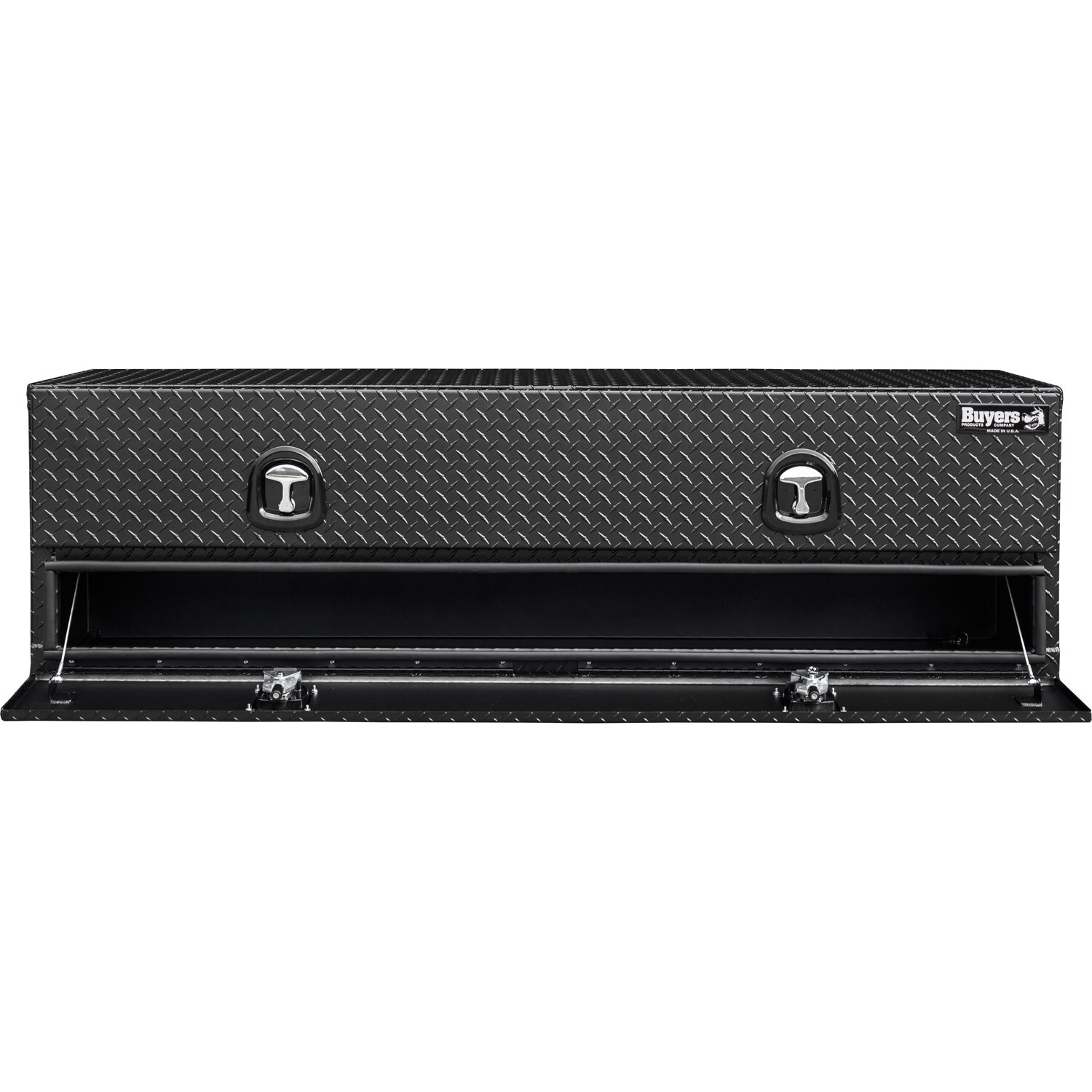 Caja de herramientas para camioneta de montaje en la parte superior en aluminio con acabado en negro mate, diseño de estriado de diamante, medidas de 18 pulgadas x 96 pulgadas x 21 pulgadas.