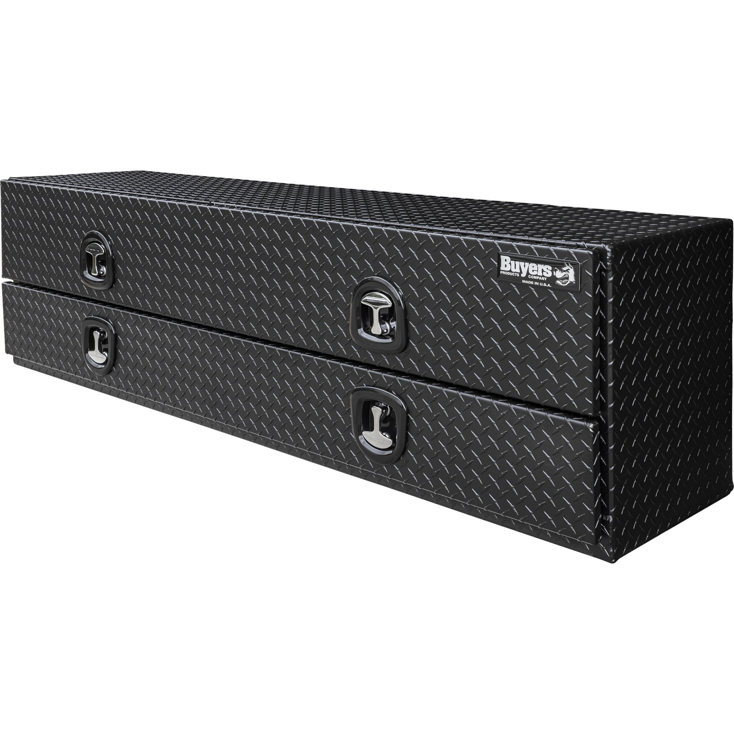 Caja de herramientas para camioneta de montaje en la parte superior en aluminio con acabado en negro mate, diseño de estriado de diamante, medidas de 18 pulgadas x 96 pulgadas x 21 pulgadas.