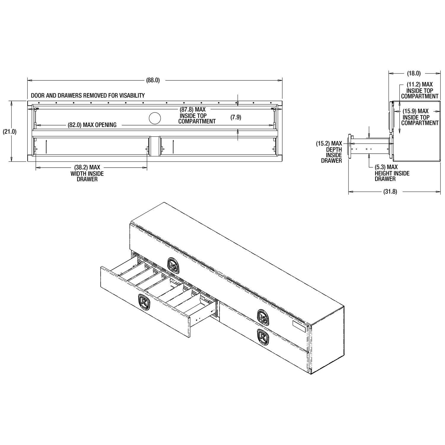 Caja de herramientas para camioneta montada en la parte superior en aluminio estampado negro mate de 18 pulgadas x 88 pulgadas x 21 pulgadas de Buyers Products
