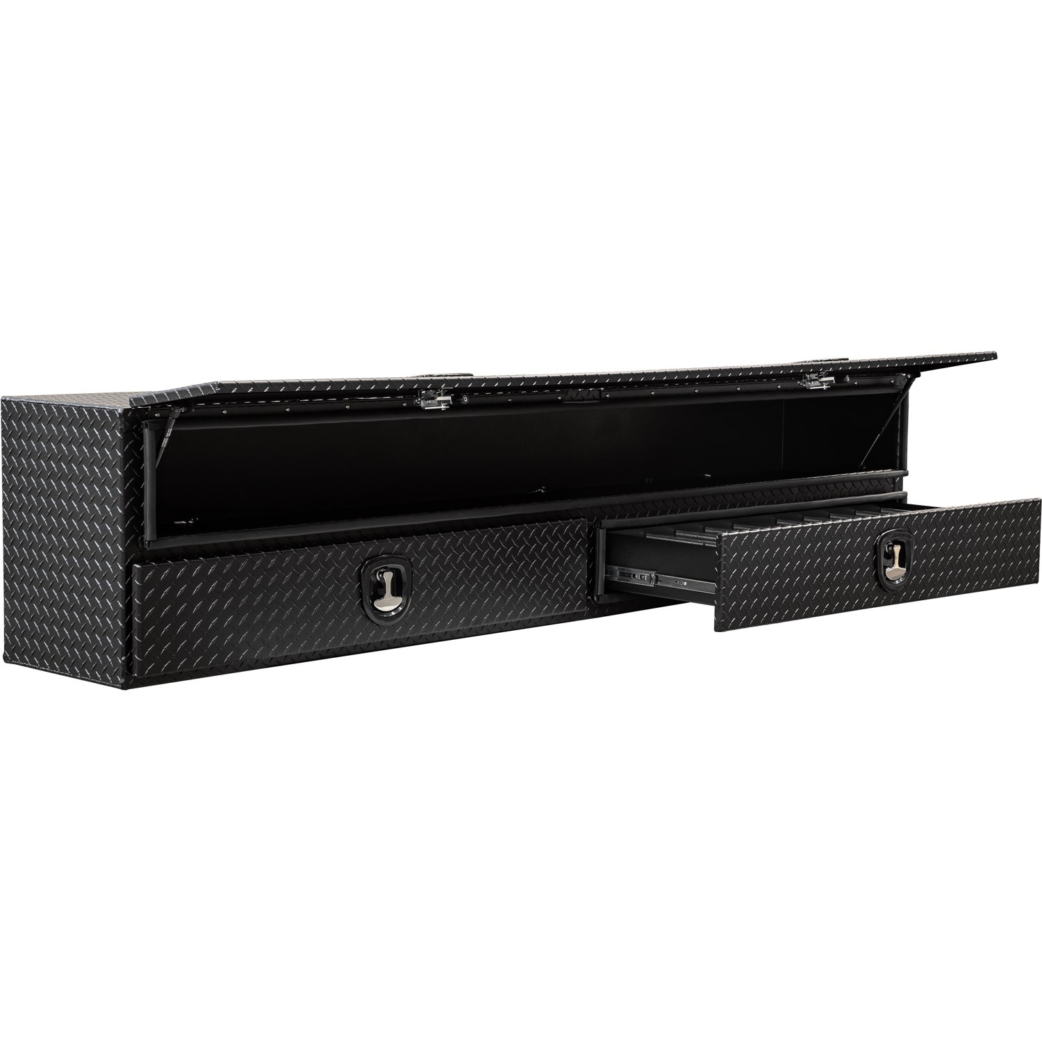 Caja de herramientas para camioneta montada en la parte superior en aluminio estampado negro mate de 18 pulgadas x 88 pulgadas x 21 pulgadas de Buyers Products