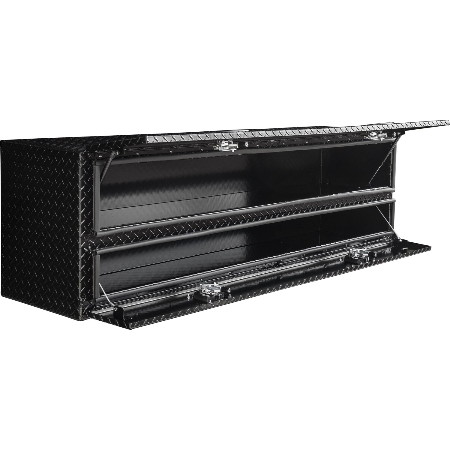 Caja de herramientas para camión montada en la parte superior de aluminio con acabado de diamante en negro brillante de 18 pulgadas x 88 pulgadas x 21 pulgadas