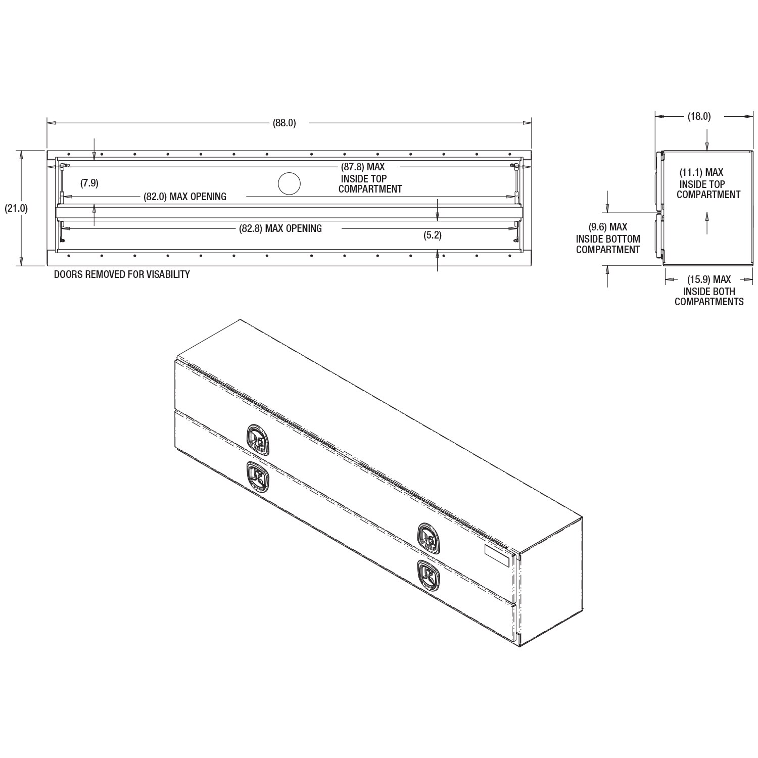Caja de herramientas para camión montada en la parte superior de aluminio con acabado de diamante en negro brillante de 18 pulgadas x 88 pulgadas x 21 pulgadas