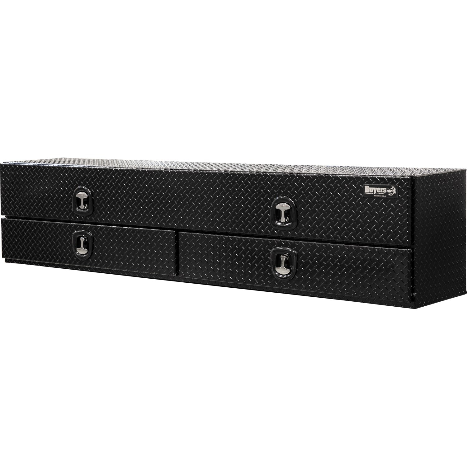 Caja de herramientas para camioneta montada en la parte superior de aluminio con acabado brillante de diamante en negro de 18 pulgadas x 90 pulgadas x 21 pulgadas de Buyers Products