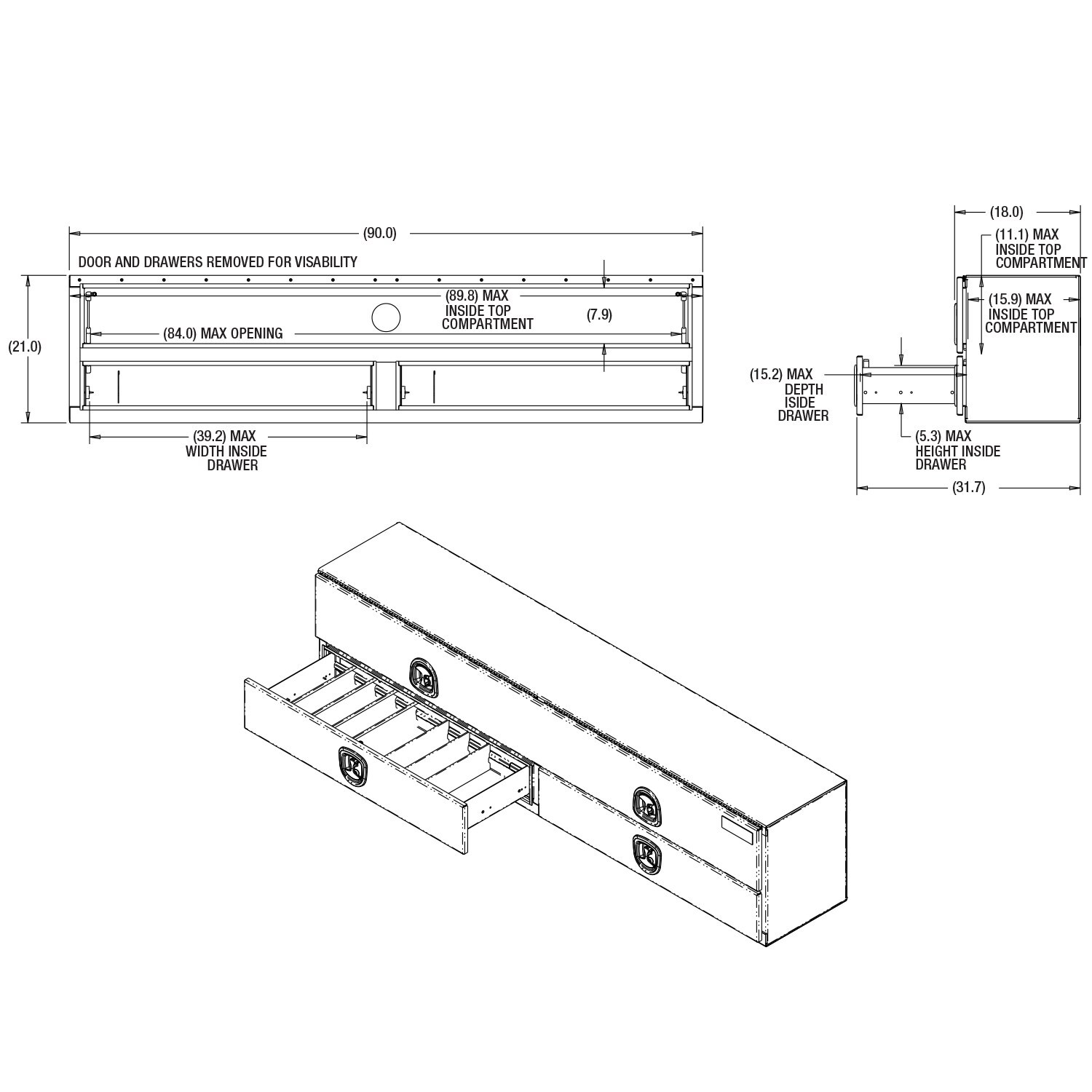 Caja de herramientas para camioneta montada en la parte superior de aluminio con acabado brillante de diamante en negro de 18 pulgadas x 90 pulgadas x 21 pulgadas de Buyers Products
