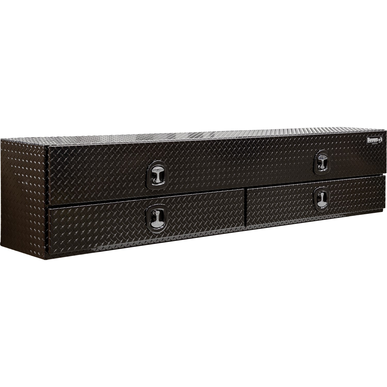 Caja de herramientas para camioneta montada en la parte superior de aluminio con acabado brillante de diamante en negro de 18 pulgadas x 90 pulgadas x 21 pulgadas de Buyers Products