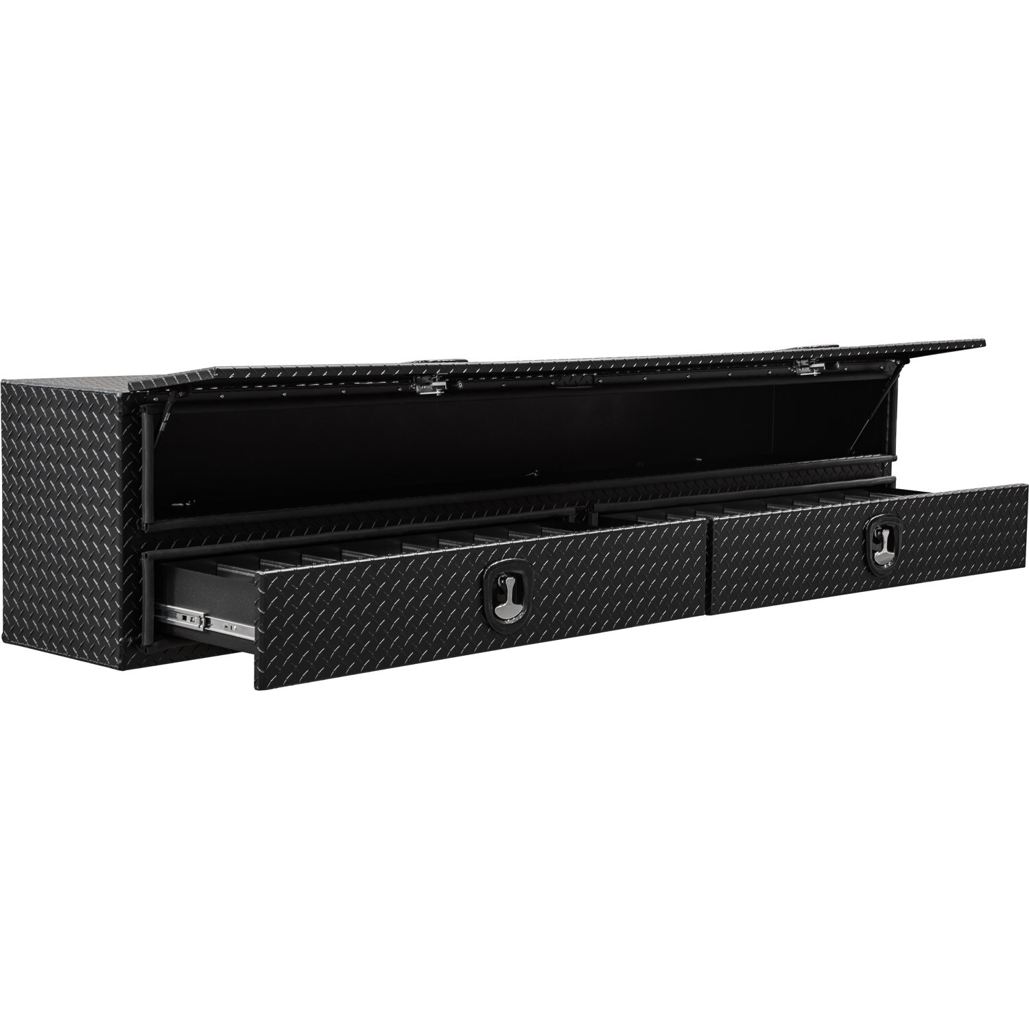 Caja de herramientas para camioneta montada en la parte superior de aluminio con textura de diamante negro mate de 18 pulgadas x 88 pulgadas x 21 pulgadas, marca Buyers 1722583