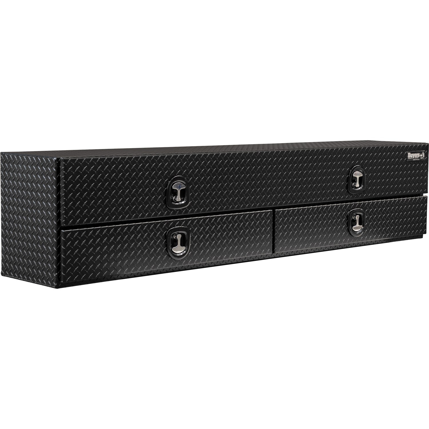 Caja de herramientas para camioneta con montaje superior de aluminio con textura de diamante en negro mate de 18 pulgadas x 90 pulgadas x 21 pulgadas de Buyers Products.