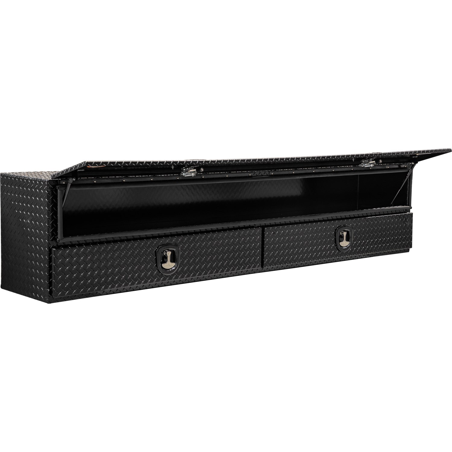 Caja de herramientas para camioneta con montaje superior de aluminio con textura de diamante en negro mate de 18 pulgadas x 90 pulgadas x 21 pulgadas de Buyers Products.