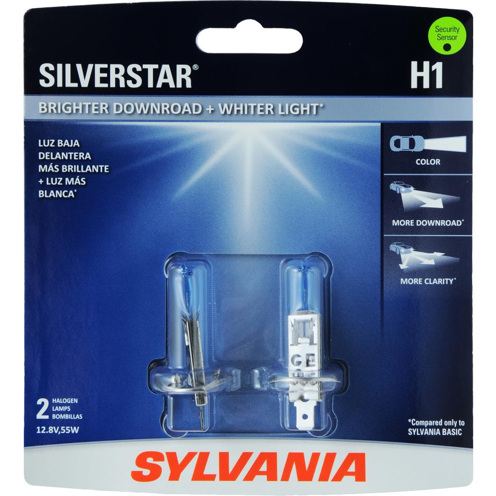 Lámparas halógenas para iluminación frontal SYLVANIA H1 SilverStar, 2 piezas - Luces más brillantes, luz más blanca, suministradas por el fabricante original