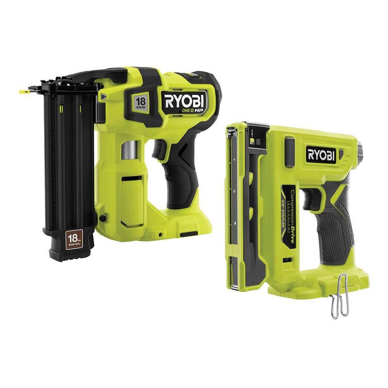 Clavadora de calibre 18 inalámbrica con motor sin escobillas RYOBI ONE+ HP 18V y grapadora de corona de 3/8 inalámbrica ONE+ 18V (solo herramientas) - P322-P317