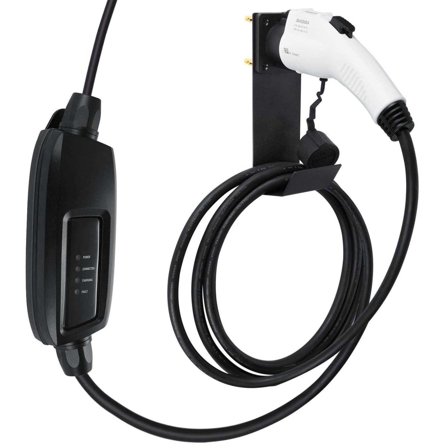Cargador para vehículo eléctrico EV con conector de pared J1772 y soporte de montaje con gancho J en México.