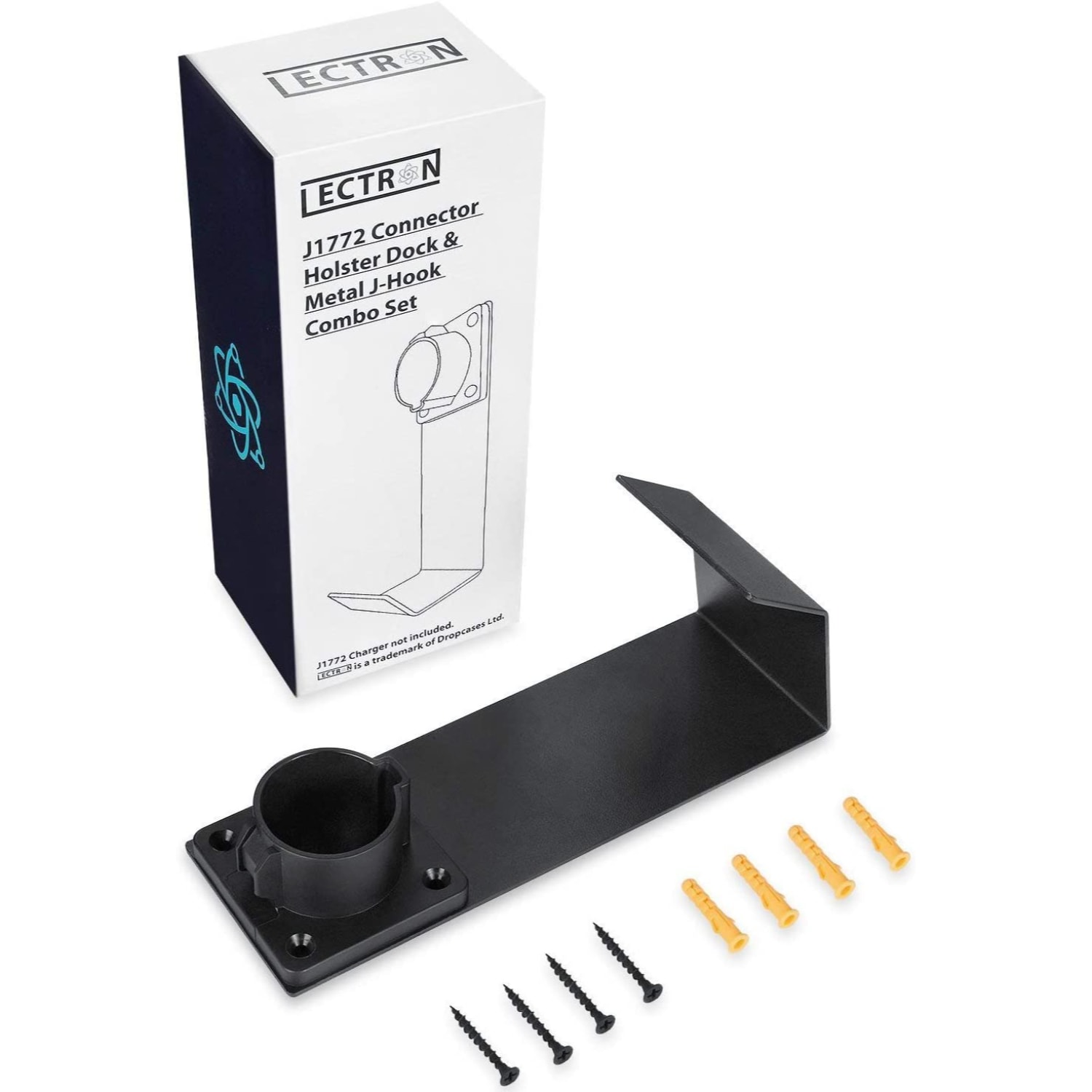 Cargador para vehículo eléctrico EV con conector de pared J1772 y soporte de montaje con gancho J en México.