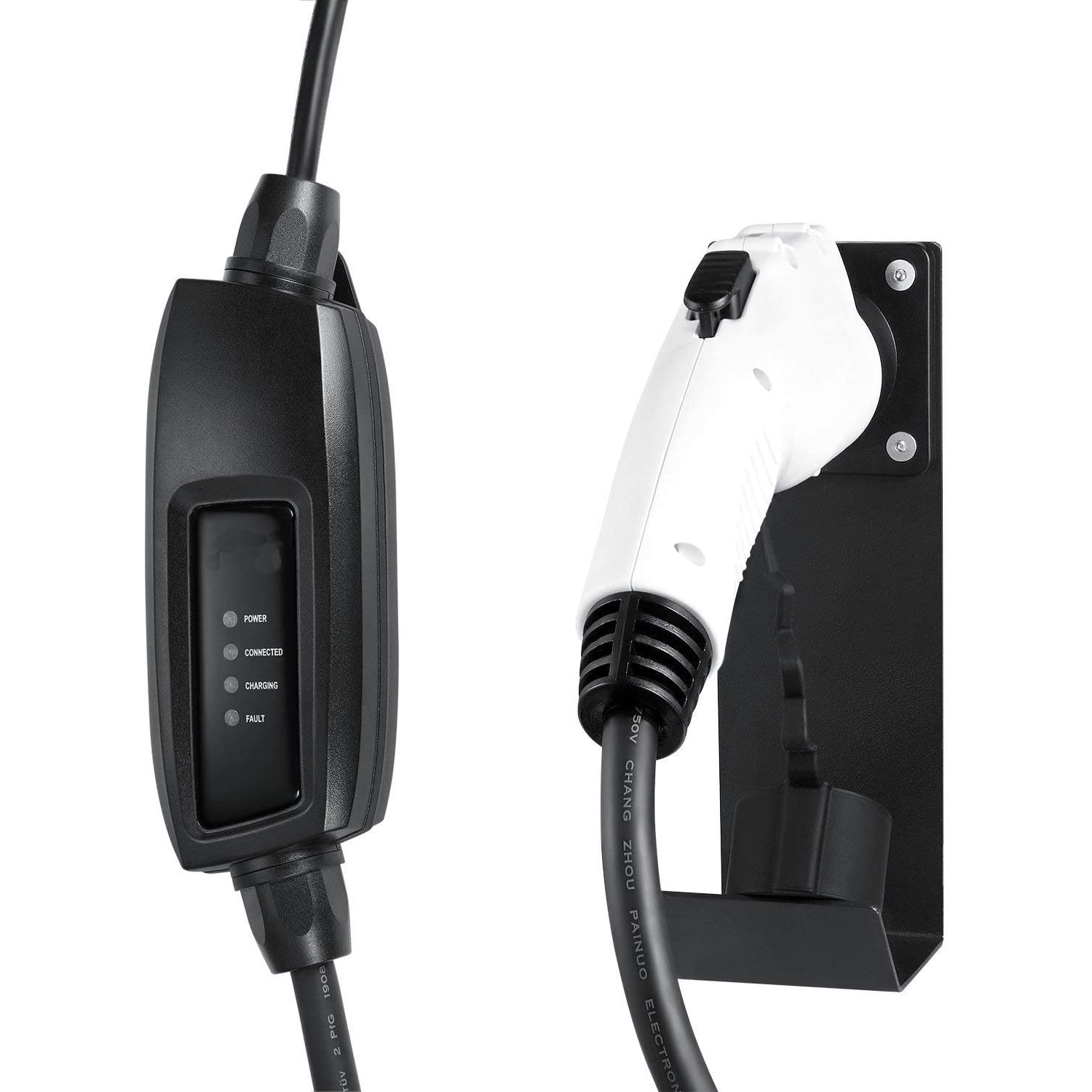 Cargador para vehículo eléctrico EV con conector de pared J1772 y soporte de montaje con gancho J en México.