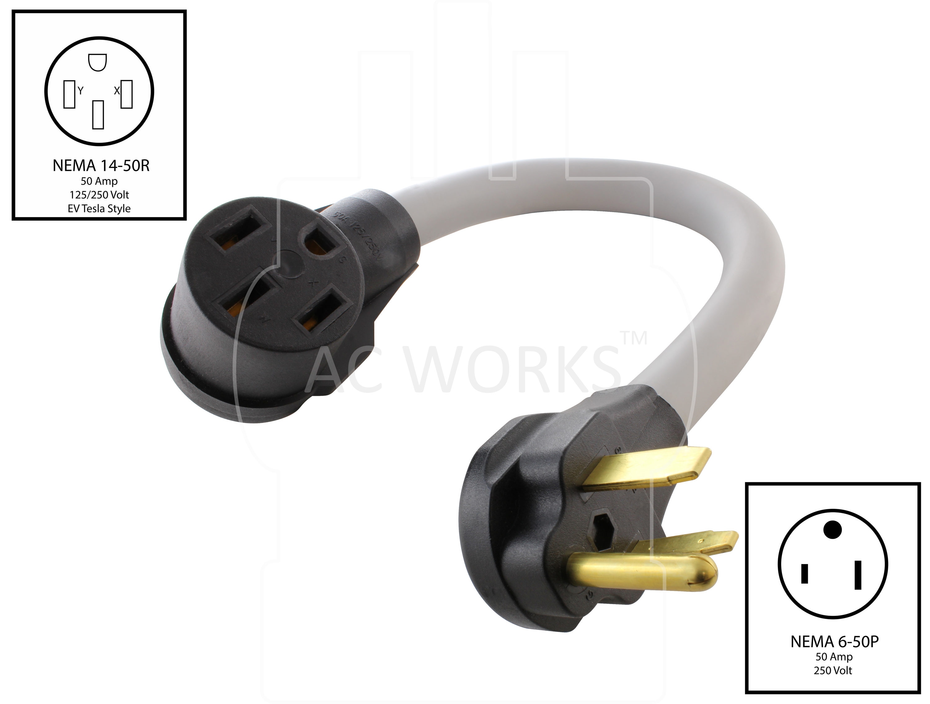 Adaptador para cargador de vehículo eléctrico Tesla de NEMA 6-50P a NEMA 14-50R de 1.5 pies
