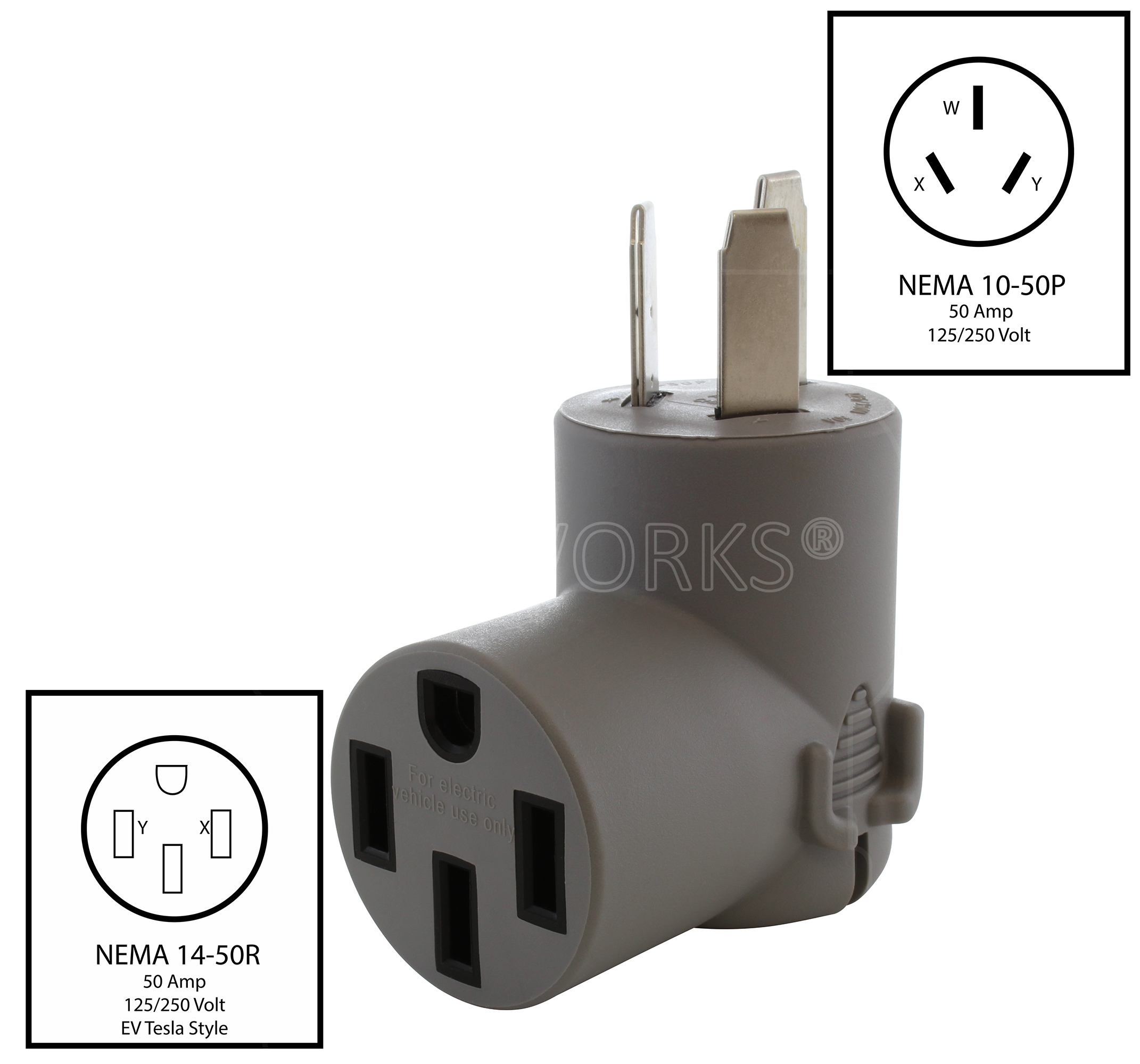 Adaptador de Cargador para Vehículo Eléctrico Tesla AC WORKS 10-50P a 14-50R EV1050MS