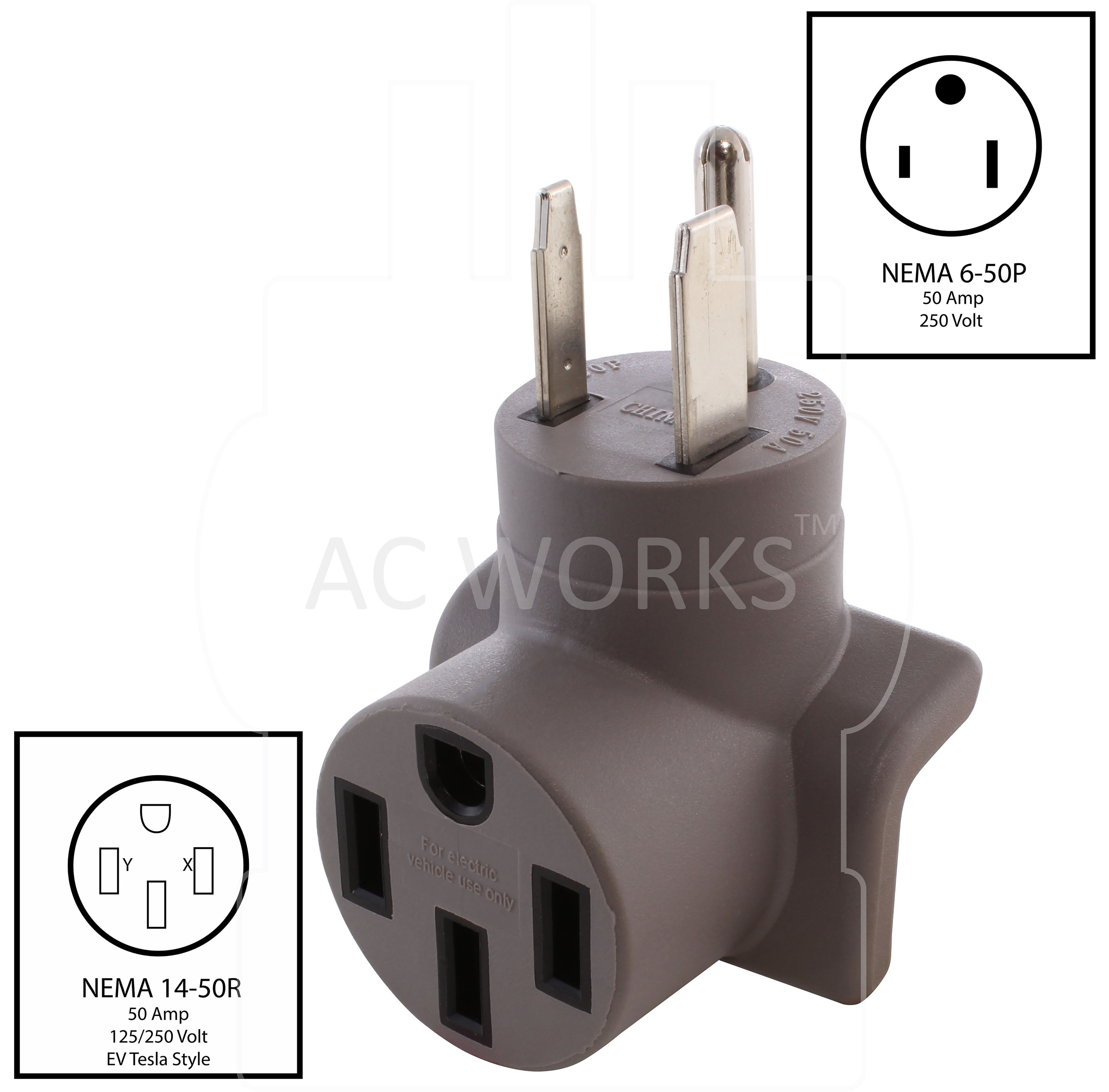 Adaptador de Cargador para Vehículos Eléctricos Tesla AC WORKS 6-50P a 14-50R EV650MS