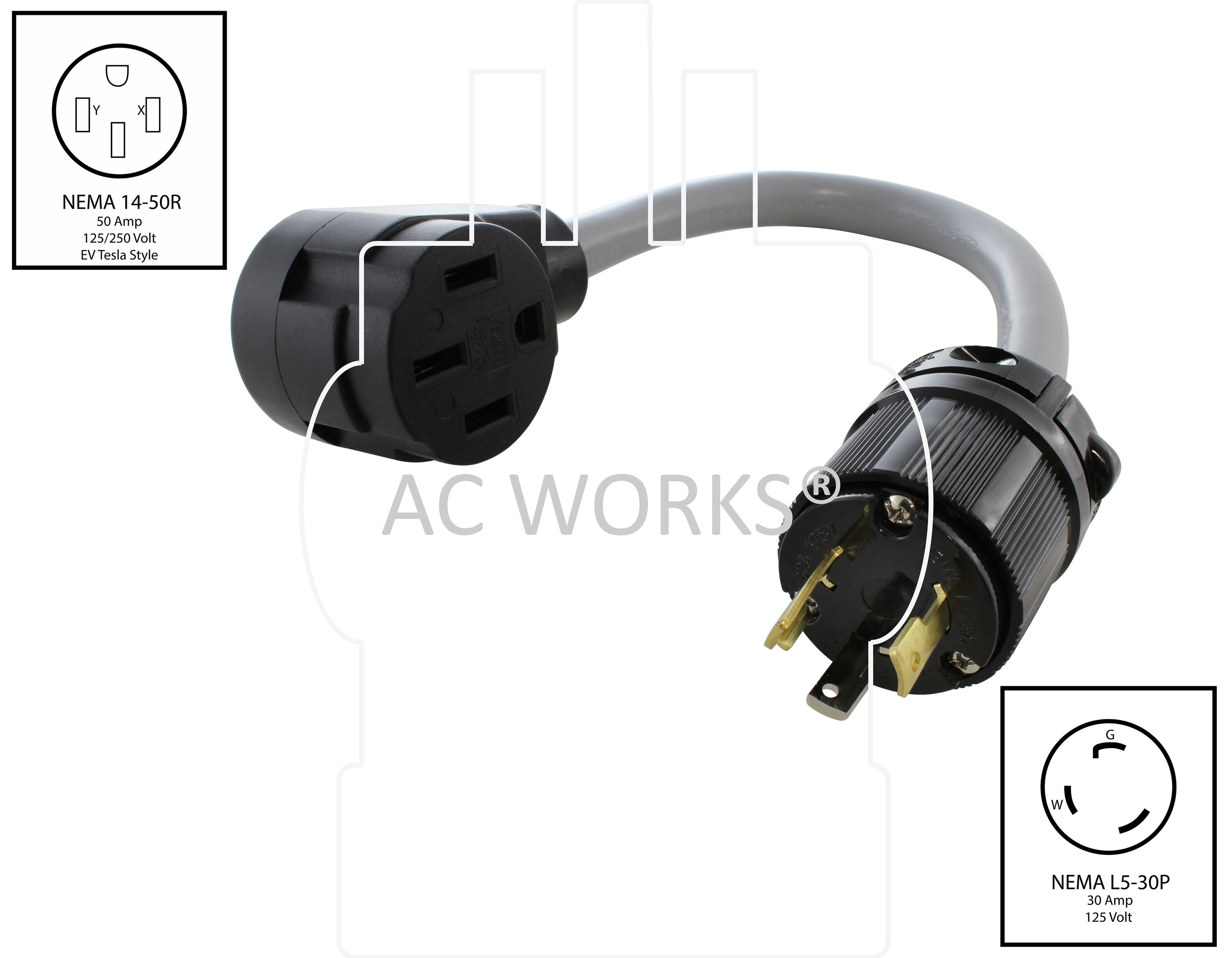 Adaptador de Cargador para Vehículo Eléctrico Tesla EV de 1.5 pies de NEMA L5-30P a NEMA 14-50R con Cable EVL530MS-018