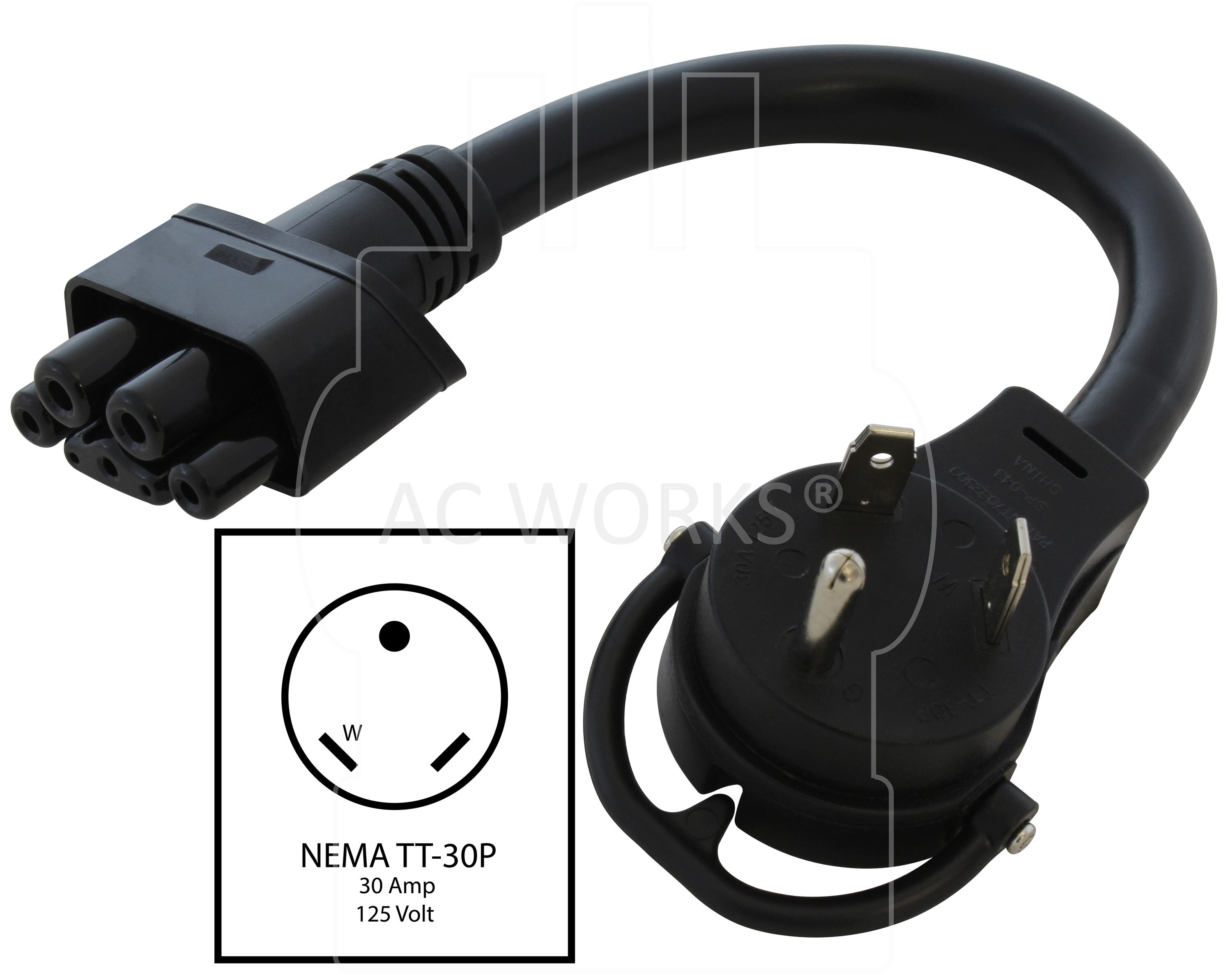Adaptador Cargador de Vehículo Eléctrico EV para EV con Conector NEMA TT-30 de 24 Amperios AC WORKS