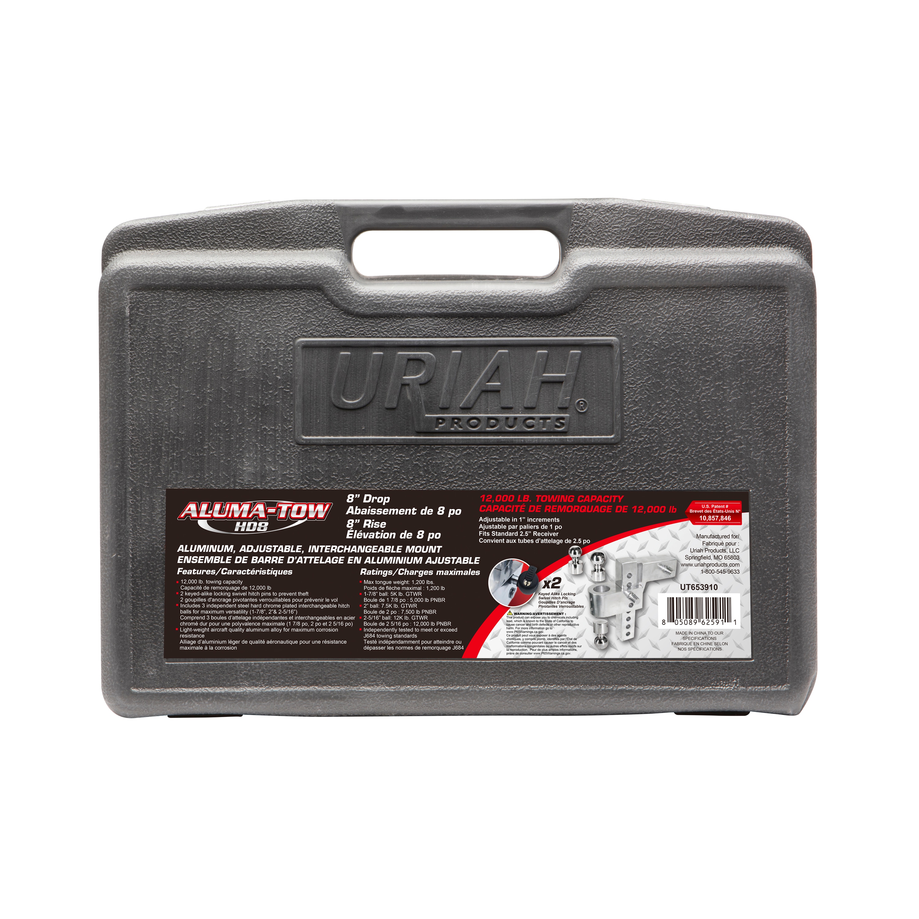 Aluma-Tow - Soporte de remolque de aluminio ajustable e intercambiable con 8 pulgadas de caída y receptáculo de 2.5 pulgadas UT653910