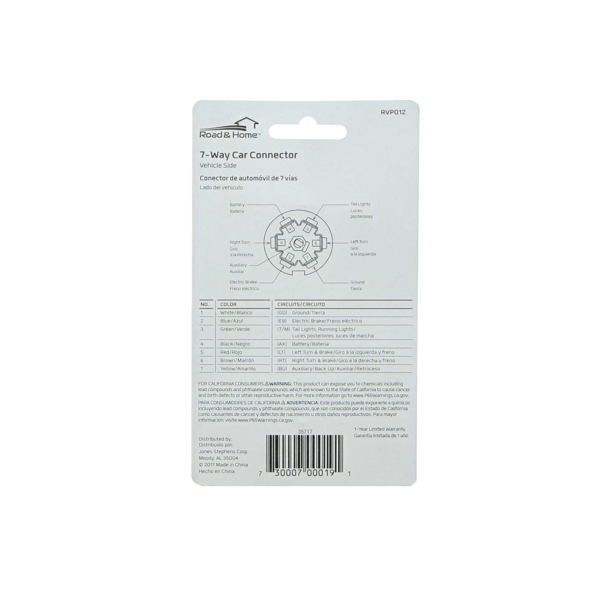 Conector eléctrico con 7 vías para vehículos de Road & Home, fabricado con material ABS negro. Uso en extremo del vehículo. RVP012